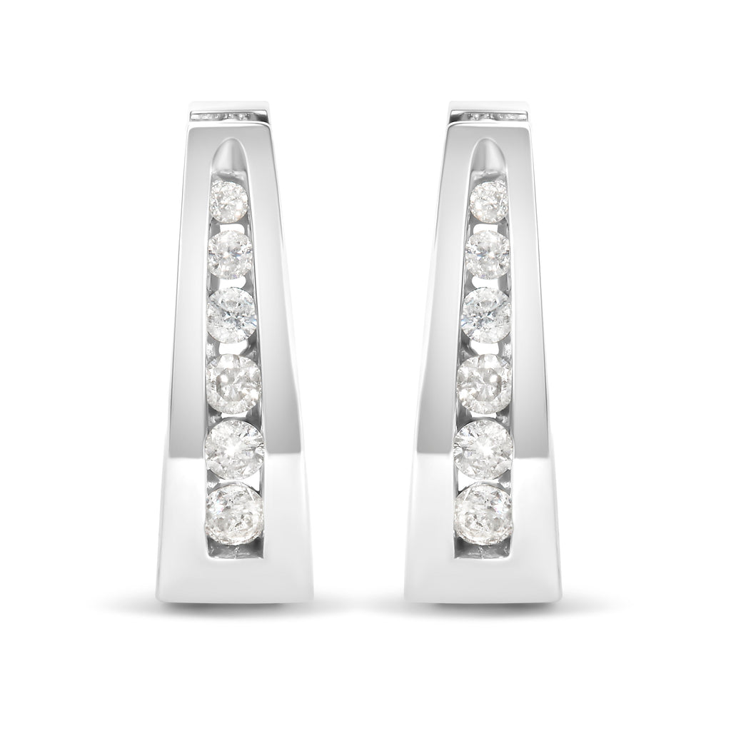 14K White Gold 1/4 Cttw Channel-Set Brilliant Round-Cut Diamond Hoop Earrings (H-I Color, I1-I2 Clarity)
