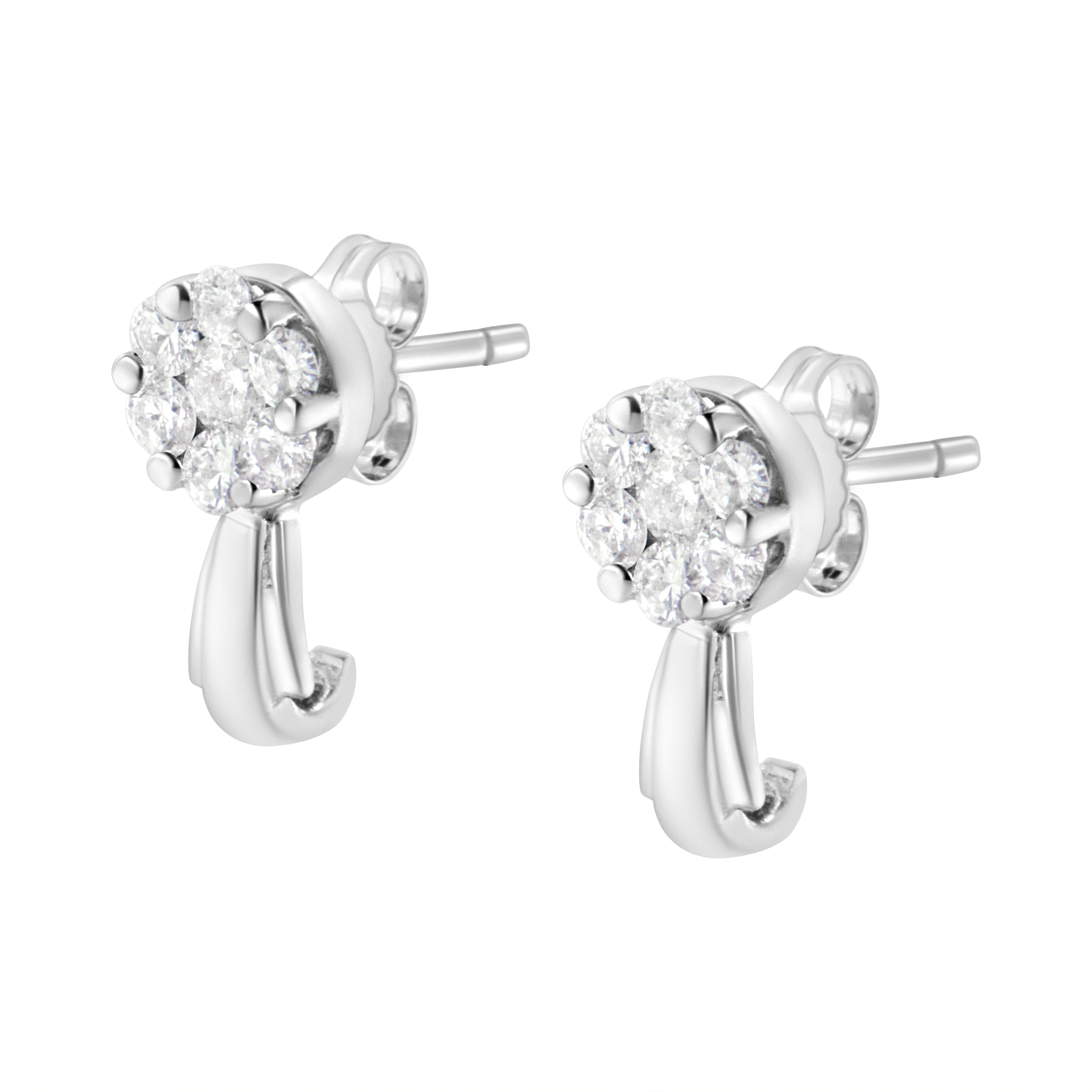 14K White Gold 3/4 Carat Total Weight Diamond Floral Cluster Drop and Dangle Stud Earrings (H-I Color, I1-I2 Clarity)