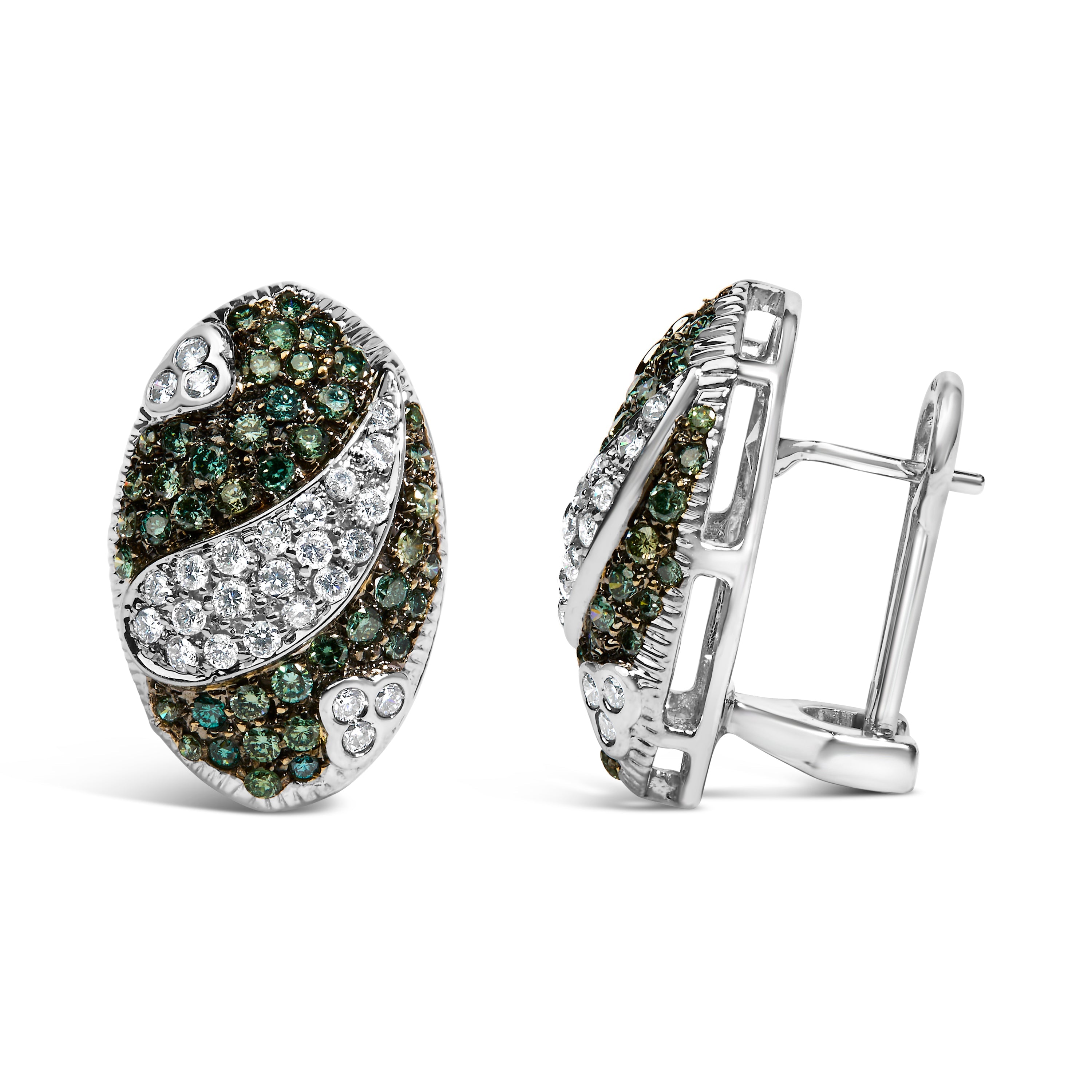 14K White Gold 2.00 Cttw White and Treated Blue Diamond Oval Shield Omega Back Earrings (H-I Color, SI1-SI2 Clarity)