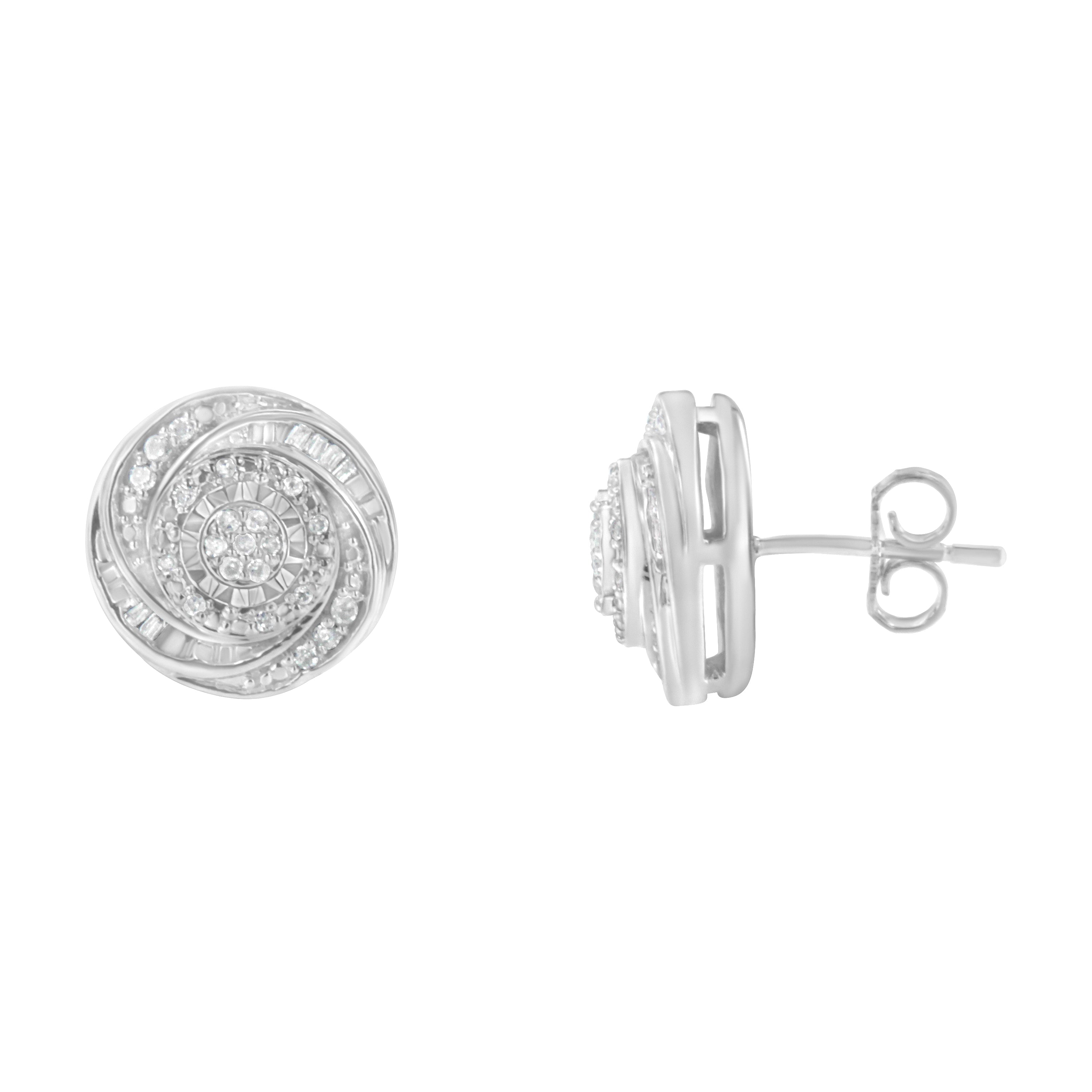 .925 Sterling Silver 1/4 Cttw Baguette and Round Diamond Swirl Love Knot Stud Earrings (I-J Color, I3 Clarity)