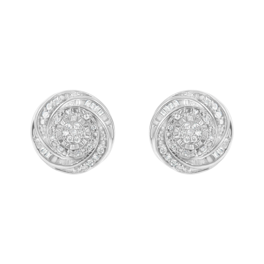 .925 Sterling Silver 1/4 Cttw Baguette and Round Diamond Swirl Love Knot Stud Earrings (I-J Color, I3 Clarity)