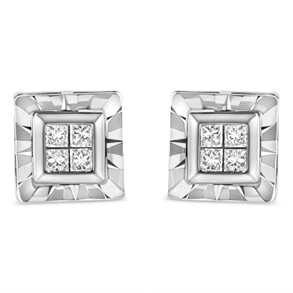 .925 Sterling Silver 1/6 Carat Total Weight Invisible Set Princess-Cut Diamond Quad Composite Stud Earrings (H-I Color, I1-I2 Clarity)