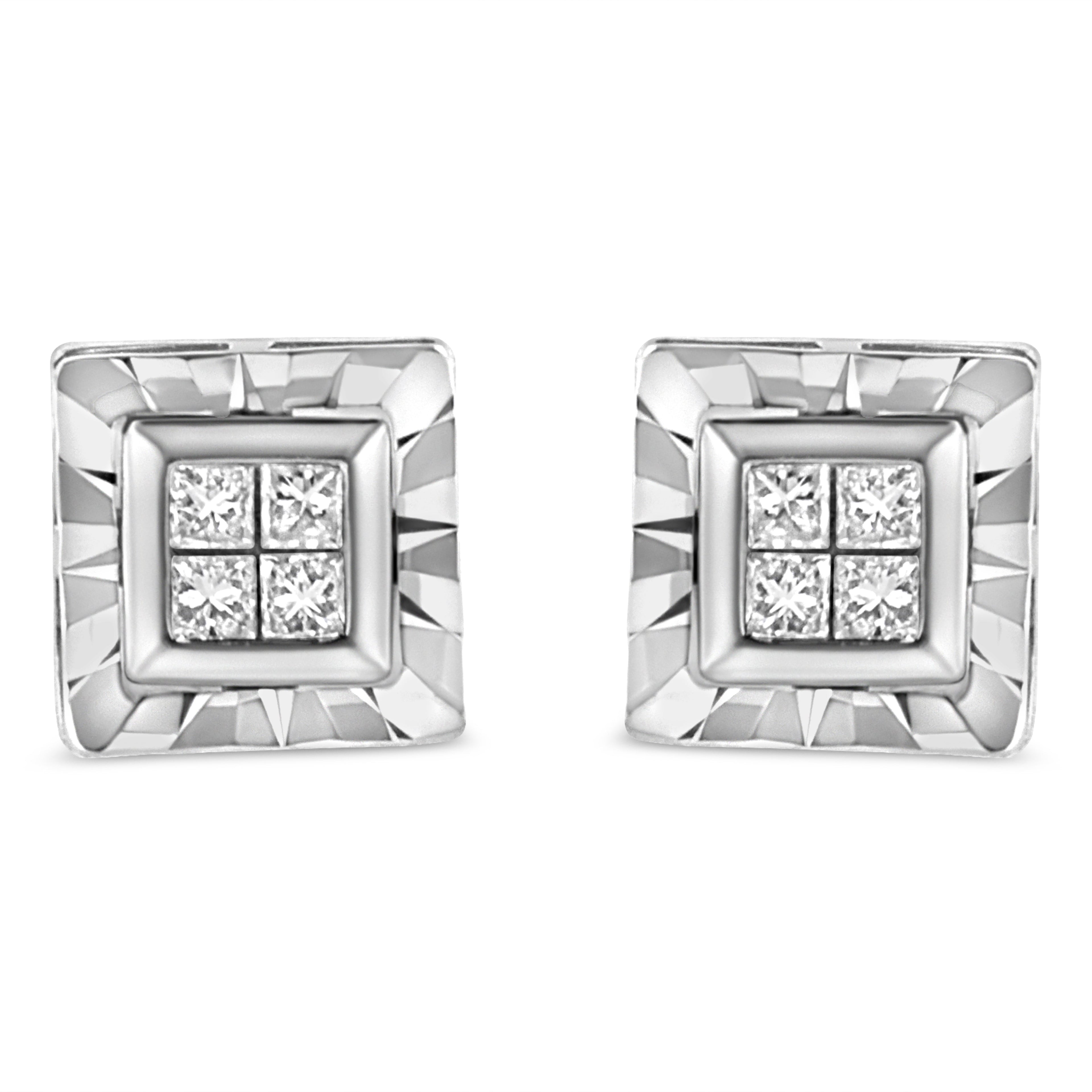 .925 Sterling Silver 1/6 Carat Total Weight Invisible Set Princess-Cut Diamond Quad Composite Stud Earrings (H-I Color, I1-I2 Clarity)