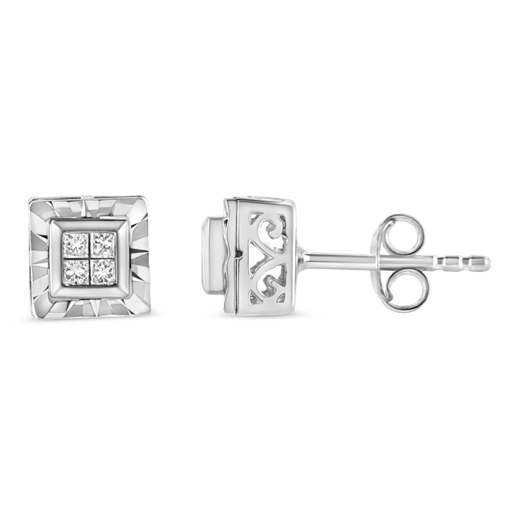 .925 Sterling Silver 1/6 Carat Total Weight Invisible Set Princess-Cut Diamond Quad Composite Stud Earrings (H-I Color, I1-I2 Clarity)