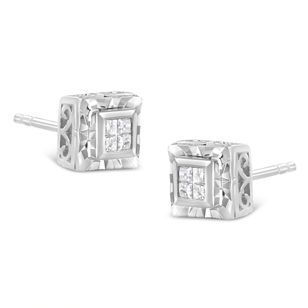 .925 Sterling Silver 1/6 Carat Total Weight Invisible Set Princess-Cut Diamond Quad Composite Stud Earrings (H-I Color, I1-I2 Clarity)