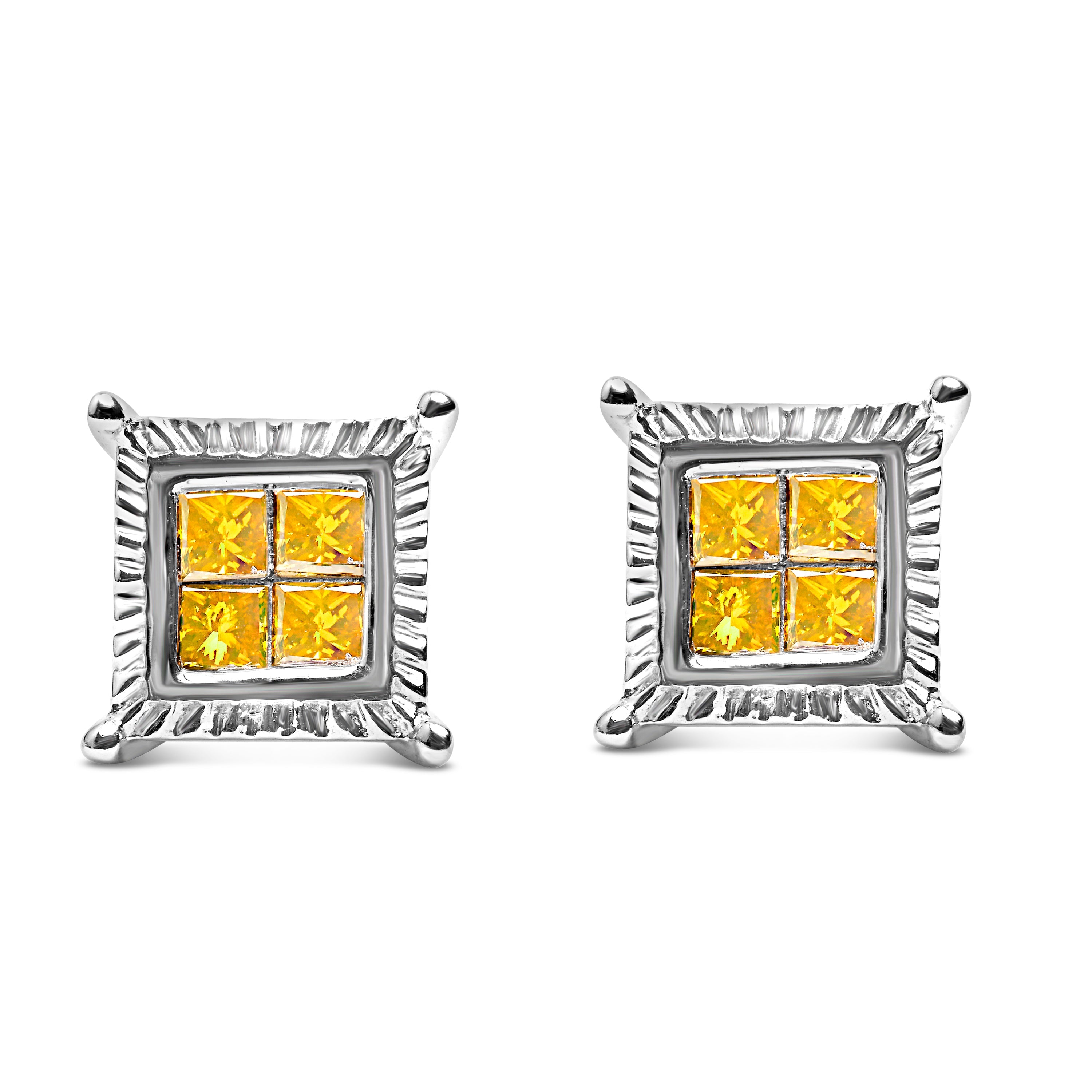 .925 Sterling Silver 1/2 Carat Total Weight Yellow Princess Diamond Quad Stud Earring
