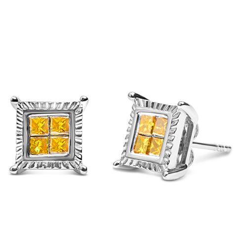 .925 Sterling Silver 1/2 Carat Total Weight Yellow Princess Diamond Quad Stud Earring