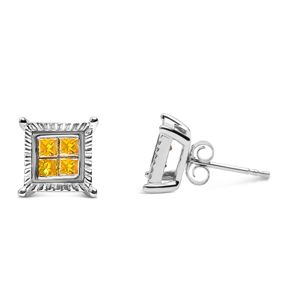 .925 Sterling Silver 1/2 Carat Total Weight Yellow Princess Diamond Quad Stud Earring