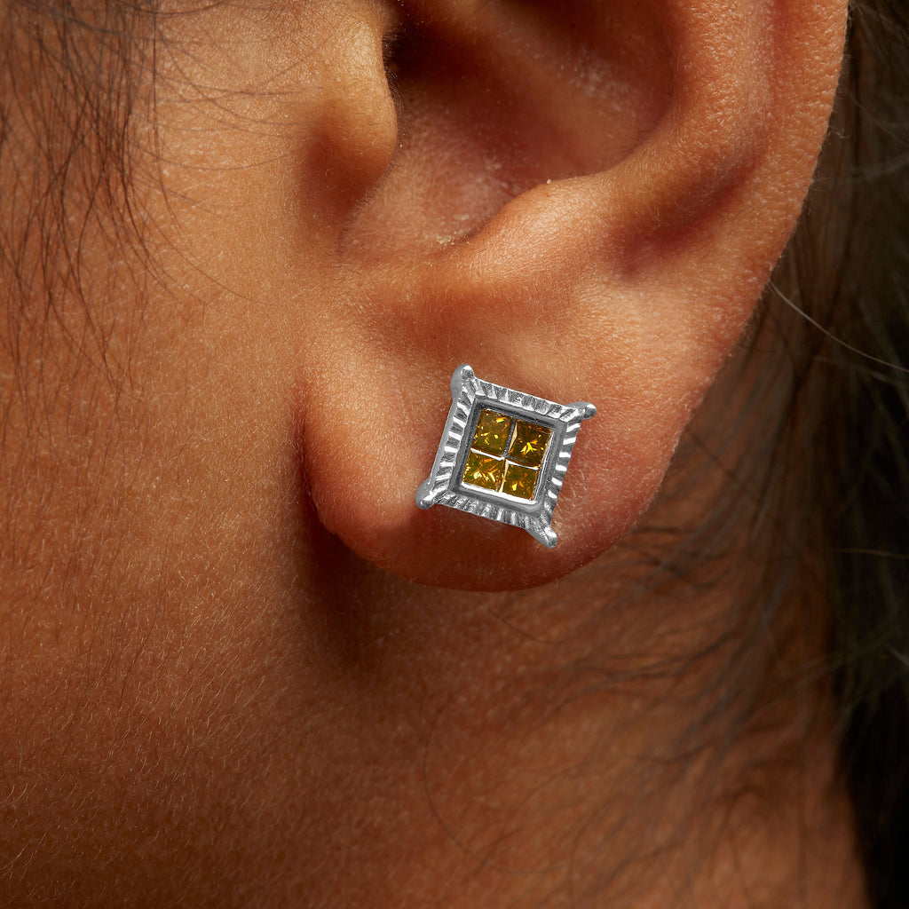 .925 Sterling Silver 1/2 Carat Total Weight Yellow Princess Diamond Quad Stud Earring