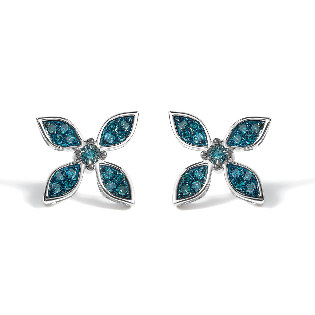 .925 Sterling Silver 1/3 Cttw Blue Diamond Floral Earrings