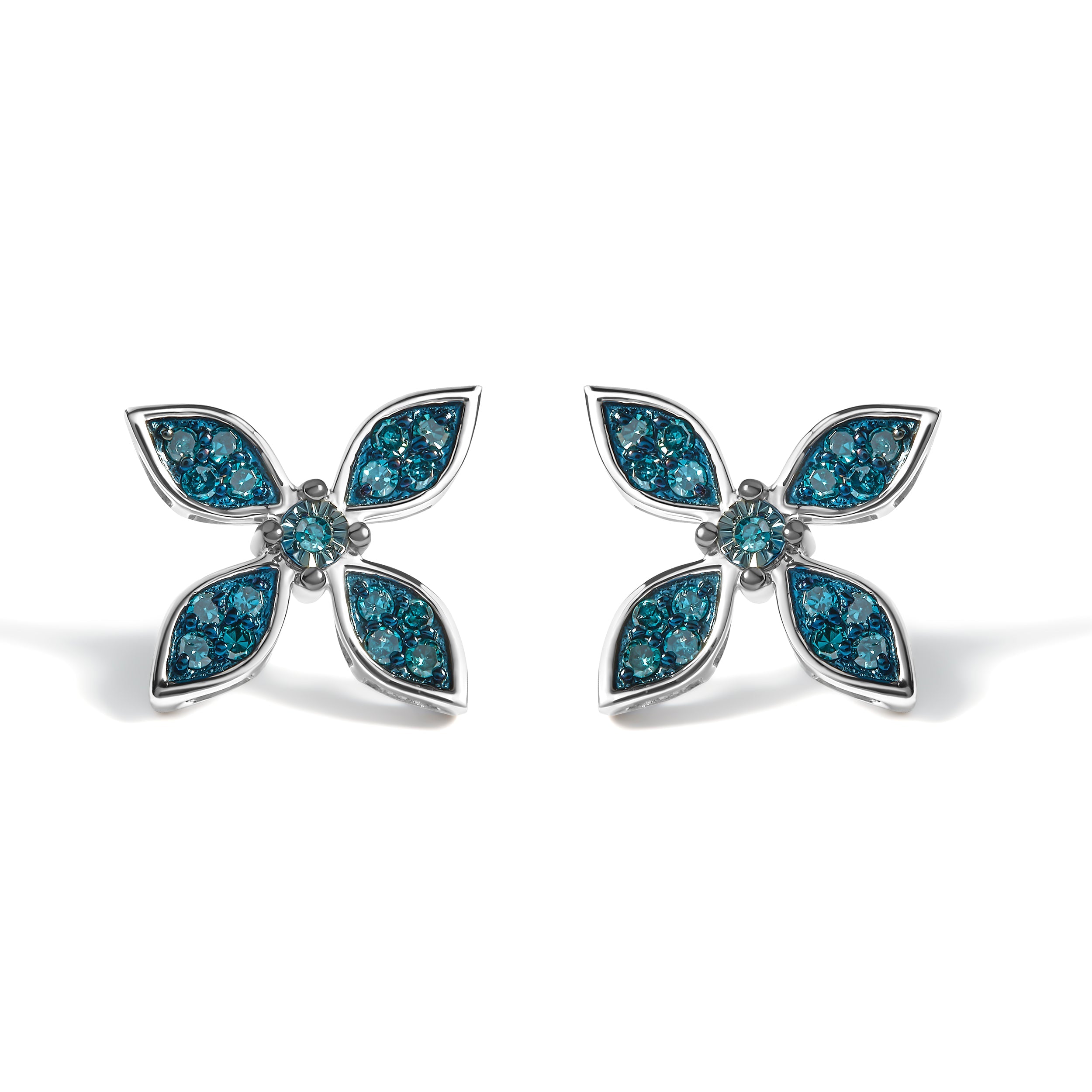 .925 Sterling Silver 1/3 Cttw Blue Diamond Floral Earrings