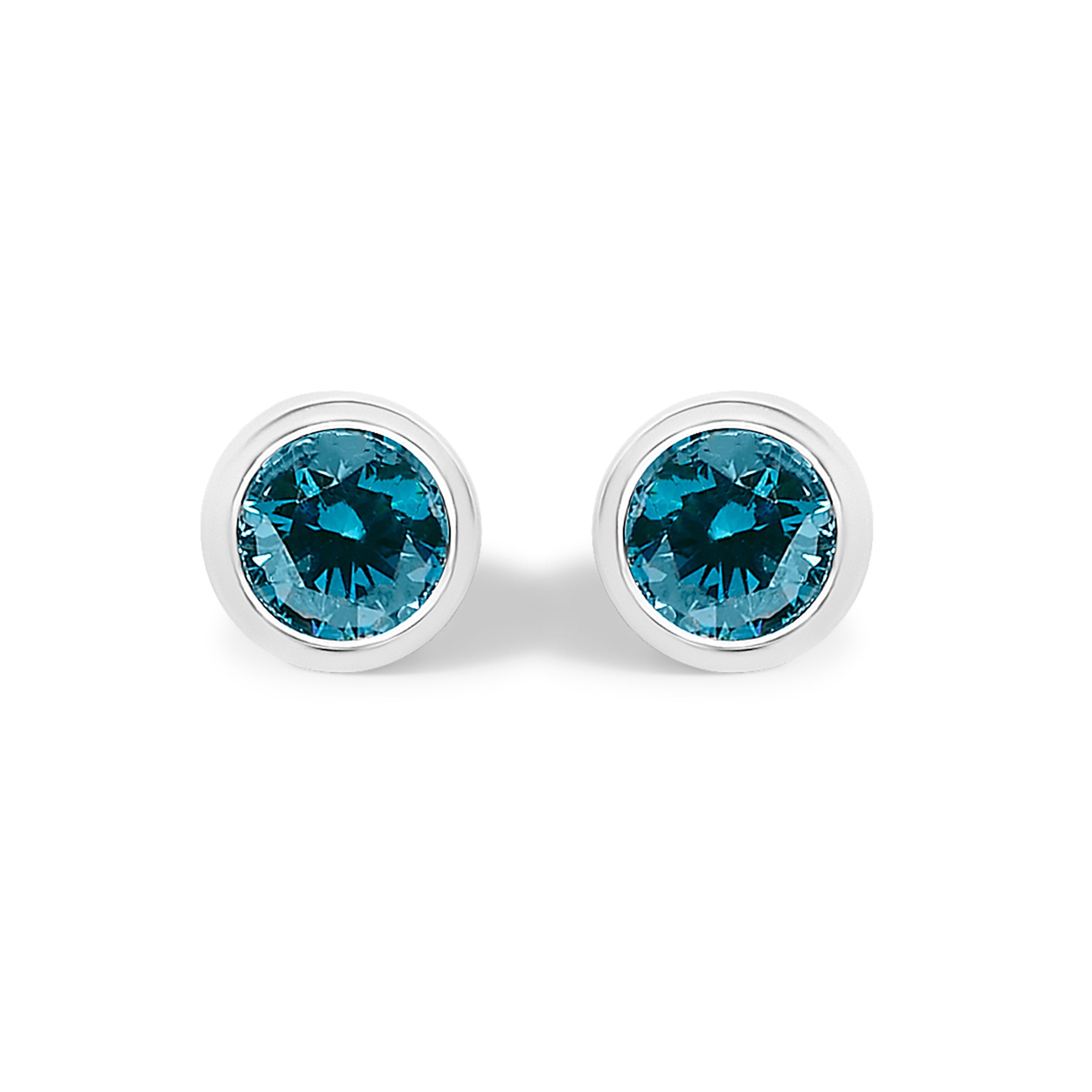 14K White Gold 1.0 Cttw Bezel Set Lab Grown Blue Diamond Solitaire Stud Earrings