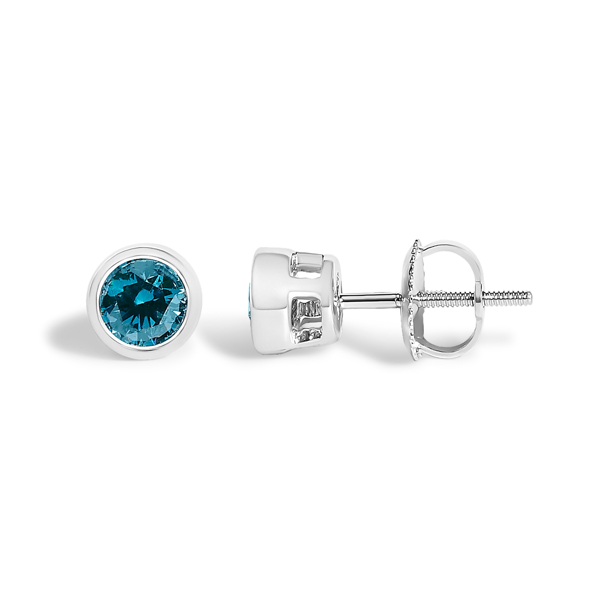 14K White Gold 1.0 Cttw Bezel Set Lab Grown Blue Diamond Solitaire Stud Earrings