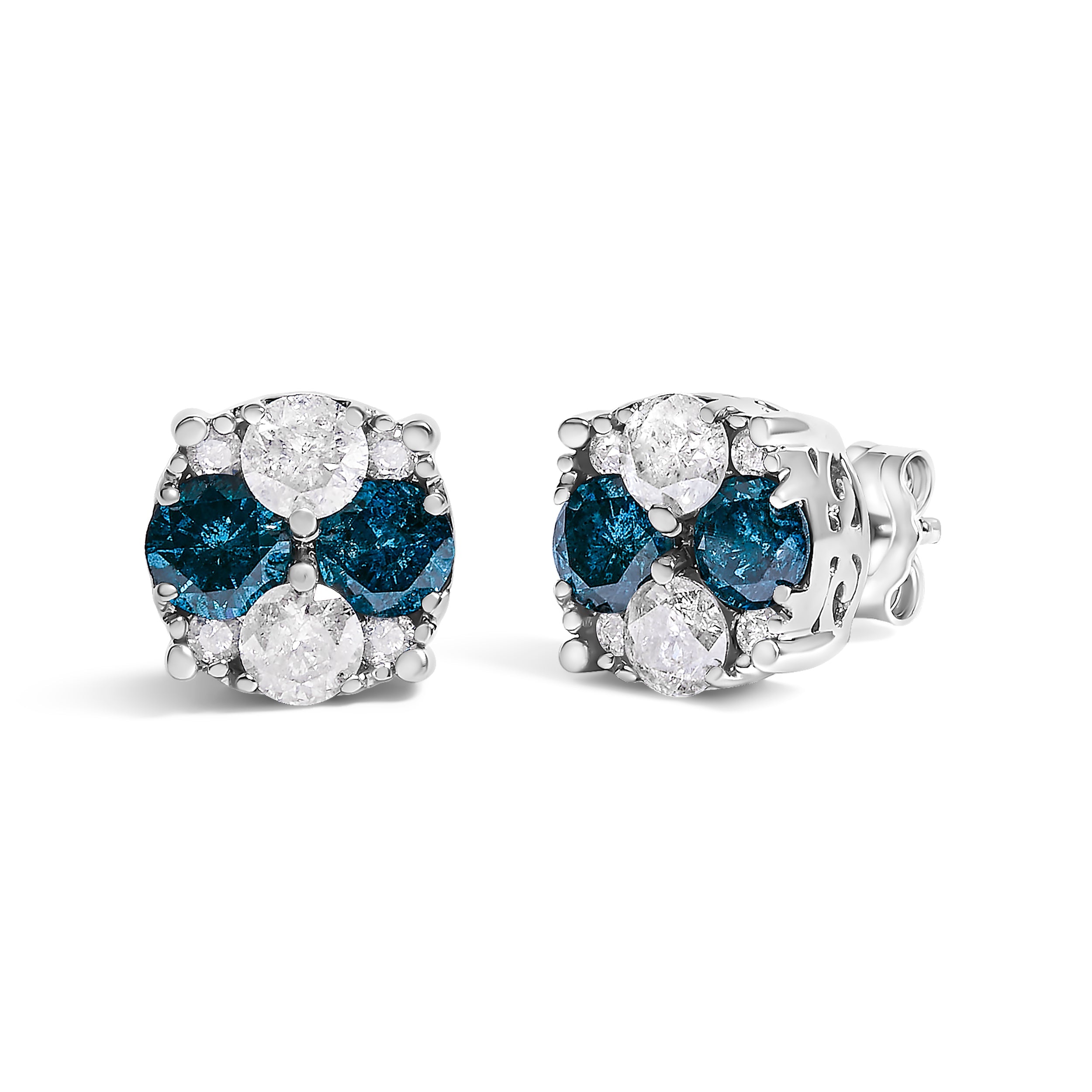 .925 Sterling Silver 2.0 Cttw Blue Diamond Composite Cluster Stud Earring
