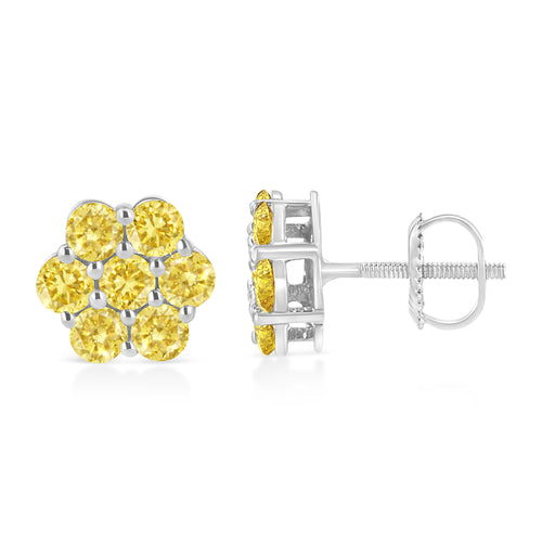 .925 Sterling Silver 1/4 Carat Total Weight Treated Yellow Diamond Floral Stud Earrings (Yellow Color, I1-I2 Clarity)