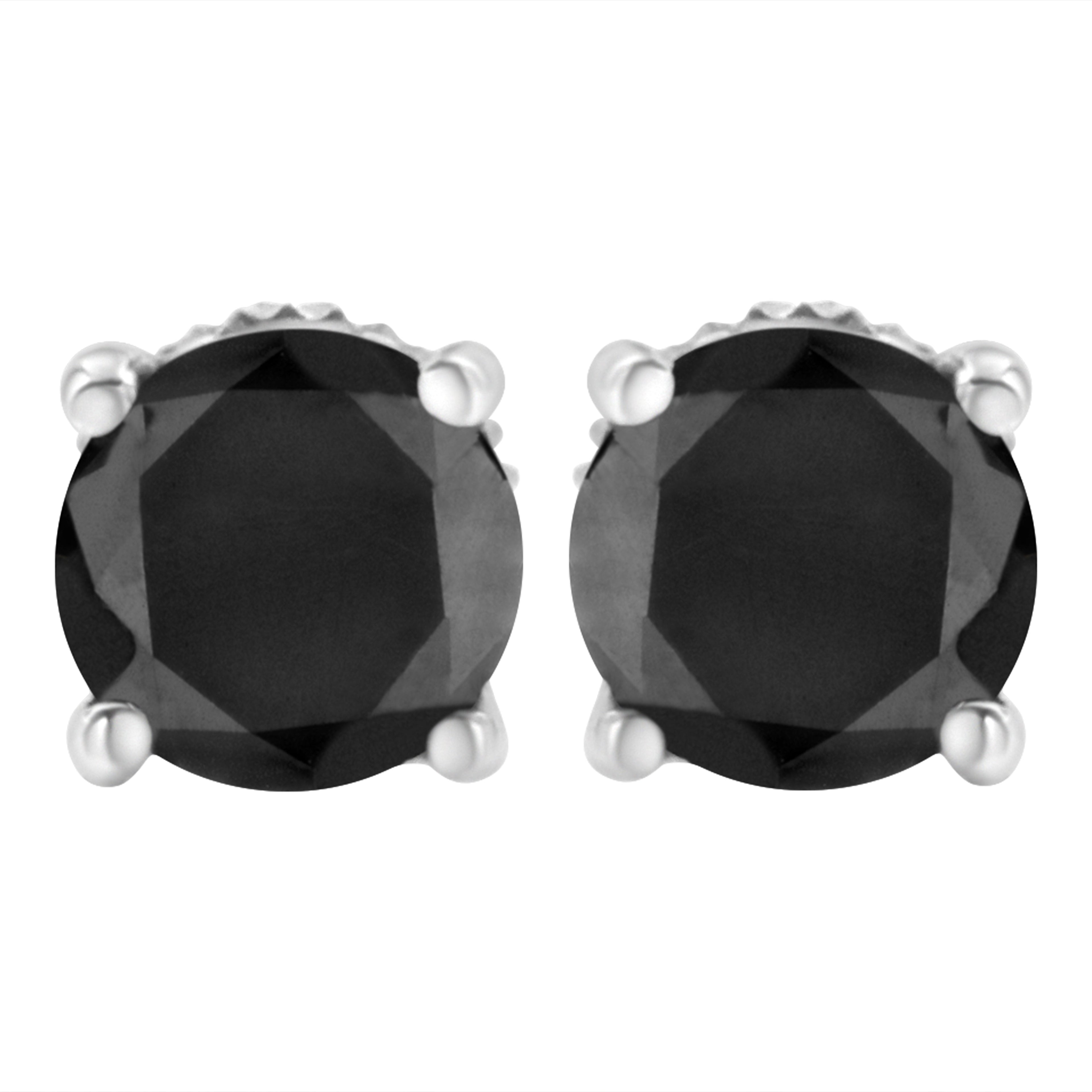 14K White Gold 2.00 Cttw Round Brilliant-Cut Black Diamond Classic 4-Prong Stud Earrings with Screw Backs (Fancy Color-Enhanced, I2-I3 Clarity)