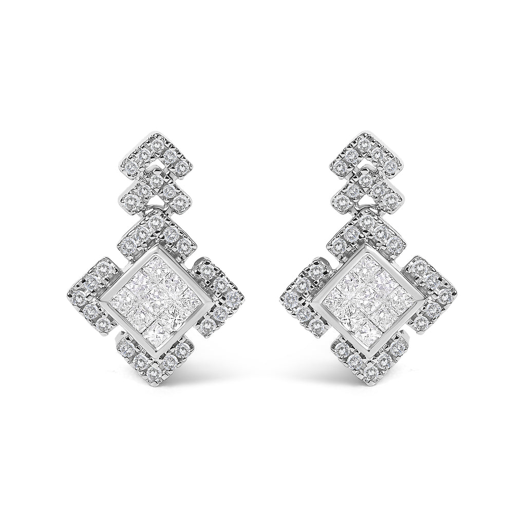 10K White Gold 3/5 Cttw Princess Diamond Geometric Drop Earrings