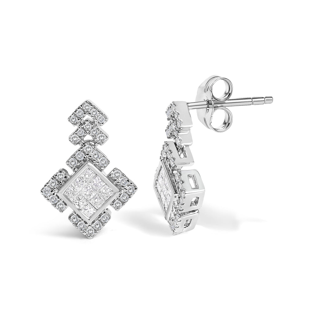 10K White Gold 3/5 Cttw Princess Diamond Geometric Drop Earrings