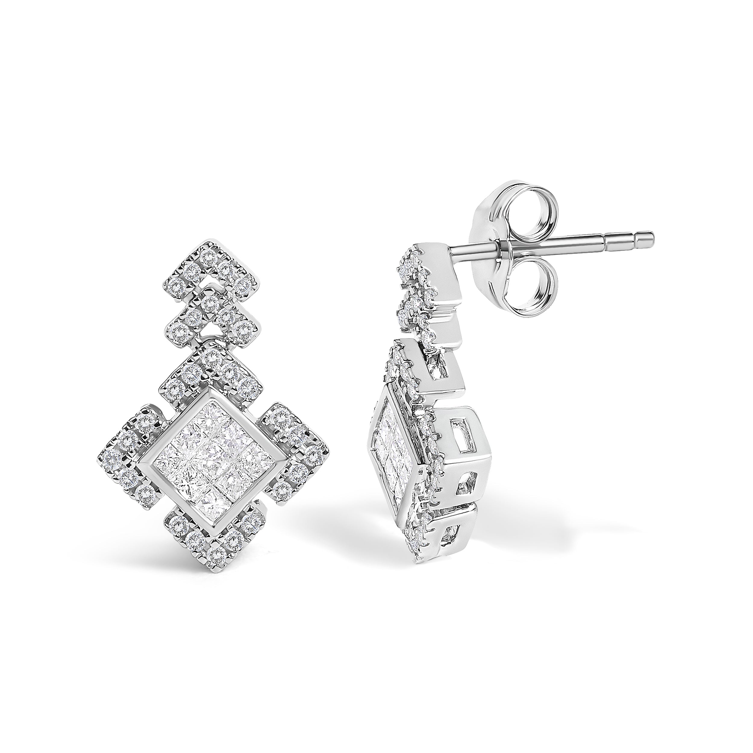10K White Gold 3/5 Cttw Princess Diamond Geometric Drop Earrings