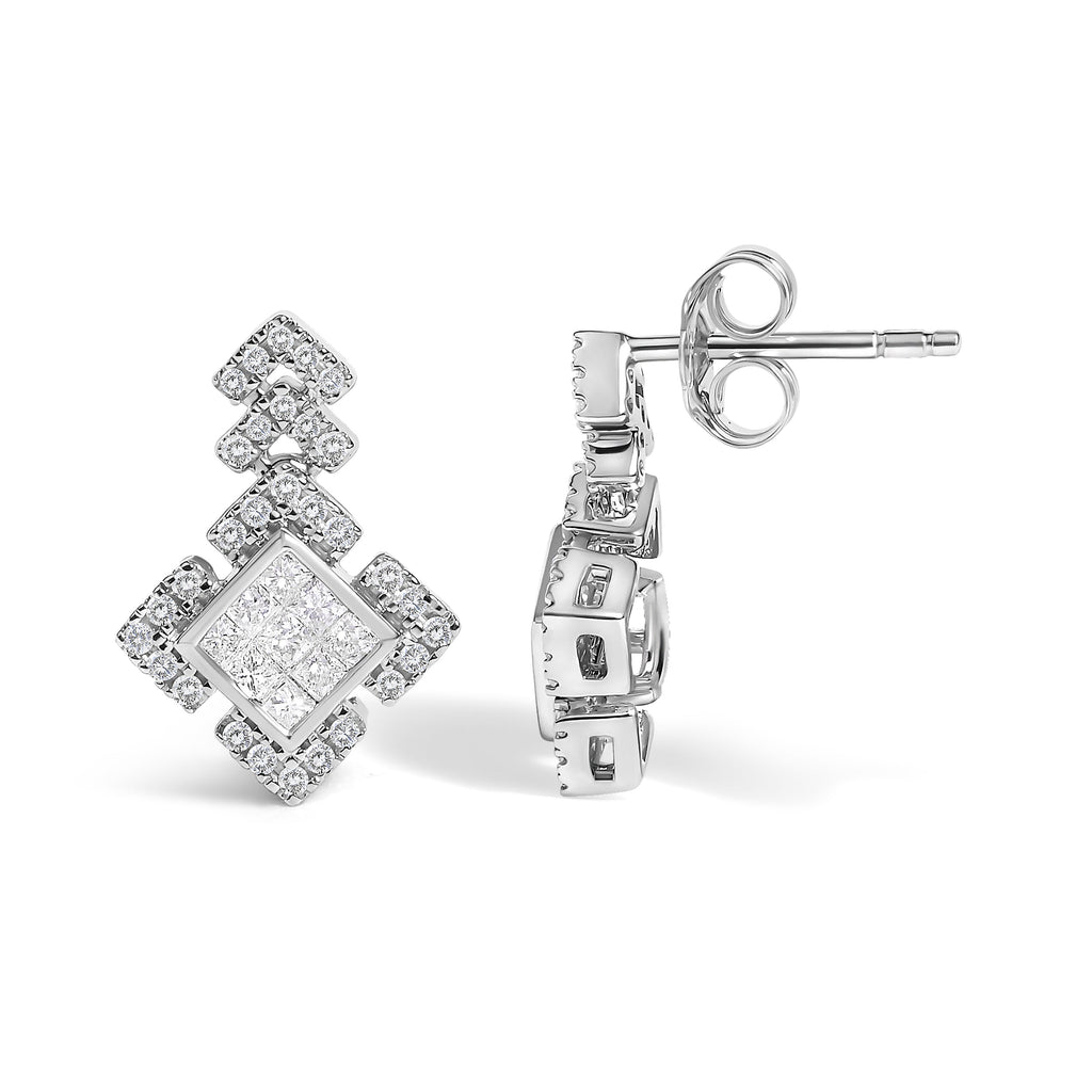 10K White Gold 3/5 Cttw Princess Diamond Geometric Drop Earrings