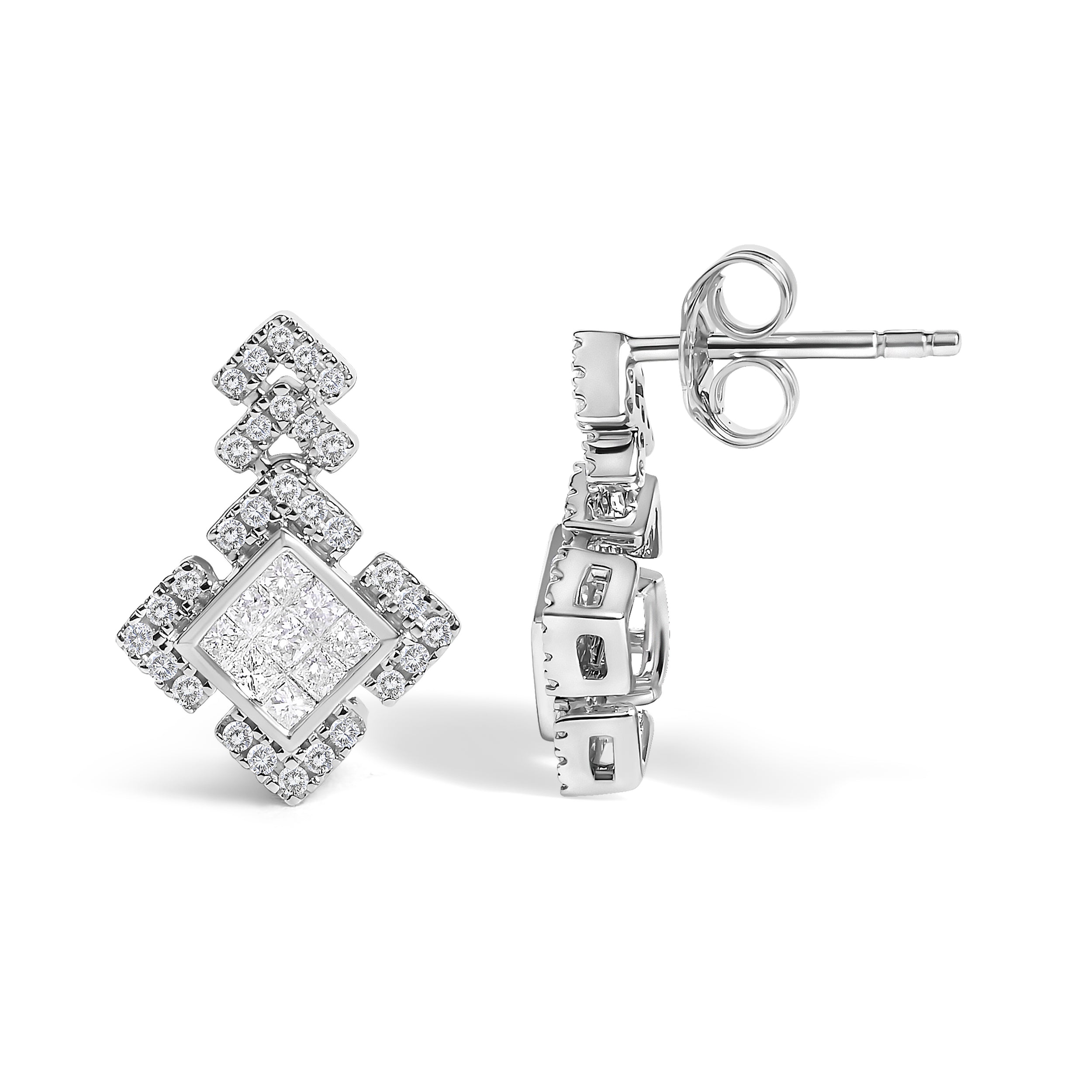 10K White Gold 3/5 Cttw Princess Diamond Geometric Drop Earrings