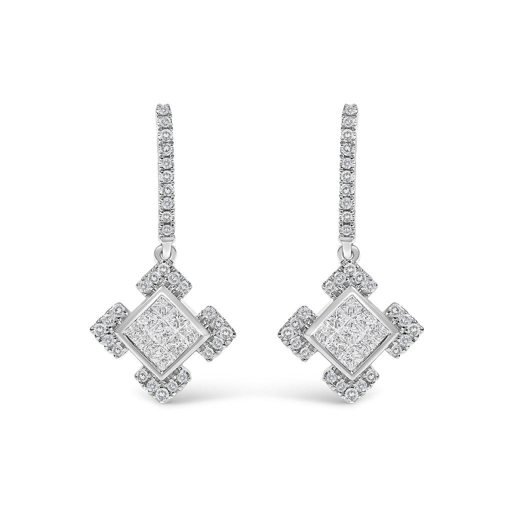 10K White Gold Princess and Round Diamond Geometric Composite Dangle Earrings