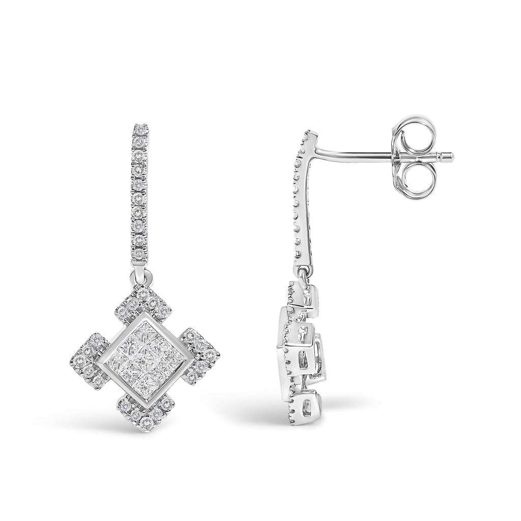 10K White Gold Princess and Round Diamond Geometric Composite Dangle Earrings