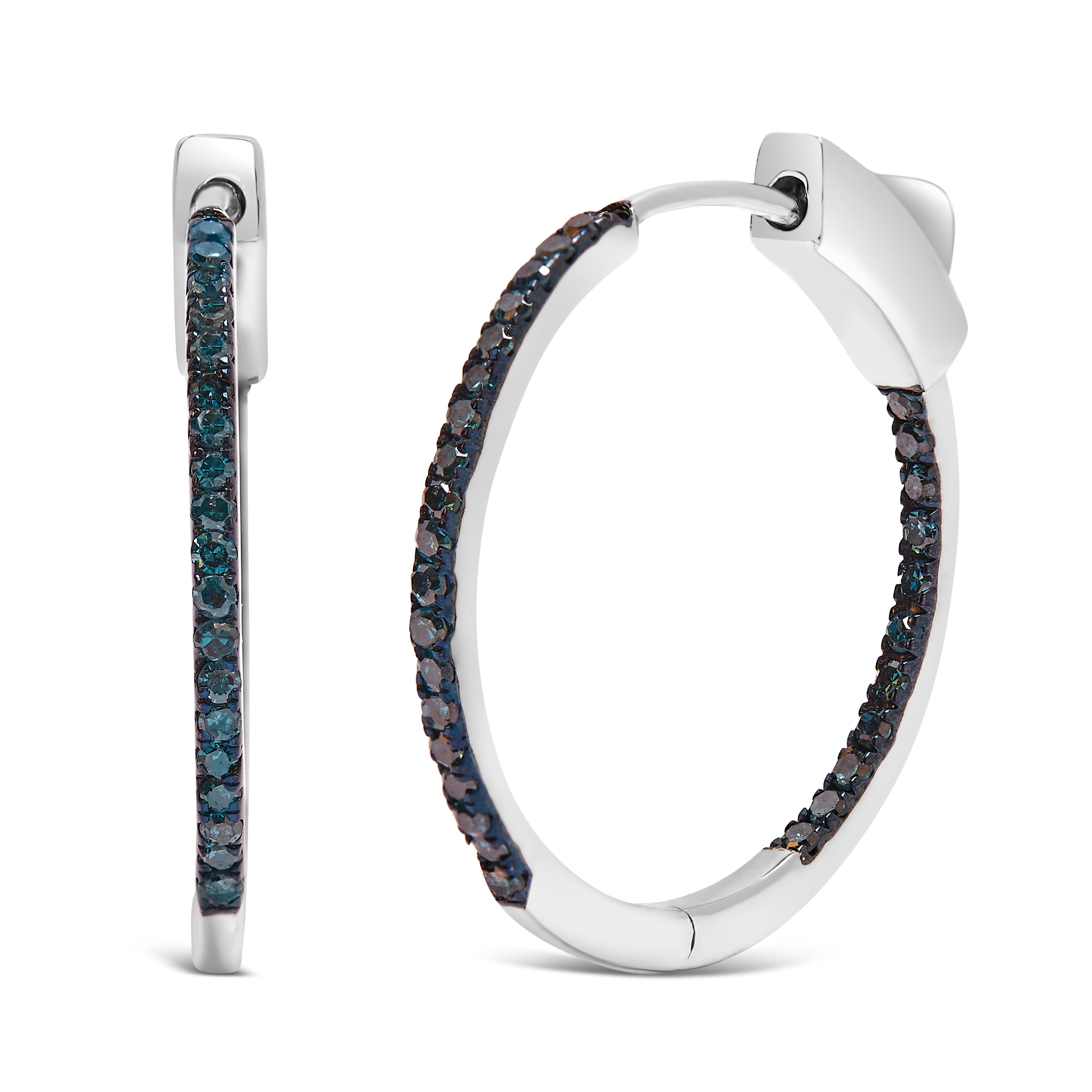 .925 Sterling Silver 1/3 Carat Total Weight Inside Out Blue Treated Diamond 1MM Wide Hoop Earrings (Blue Color, I2-I3 Clarity)