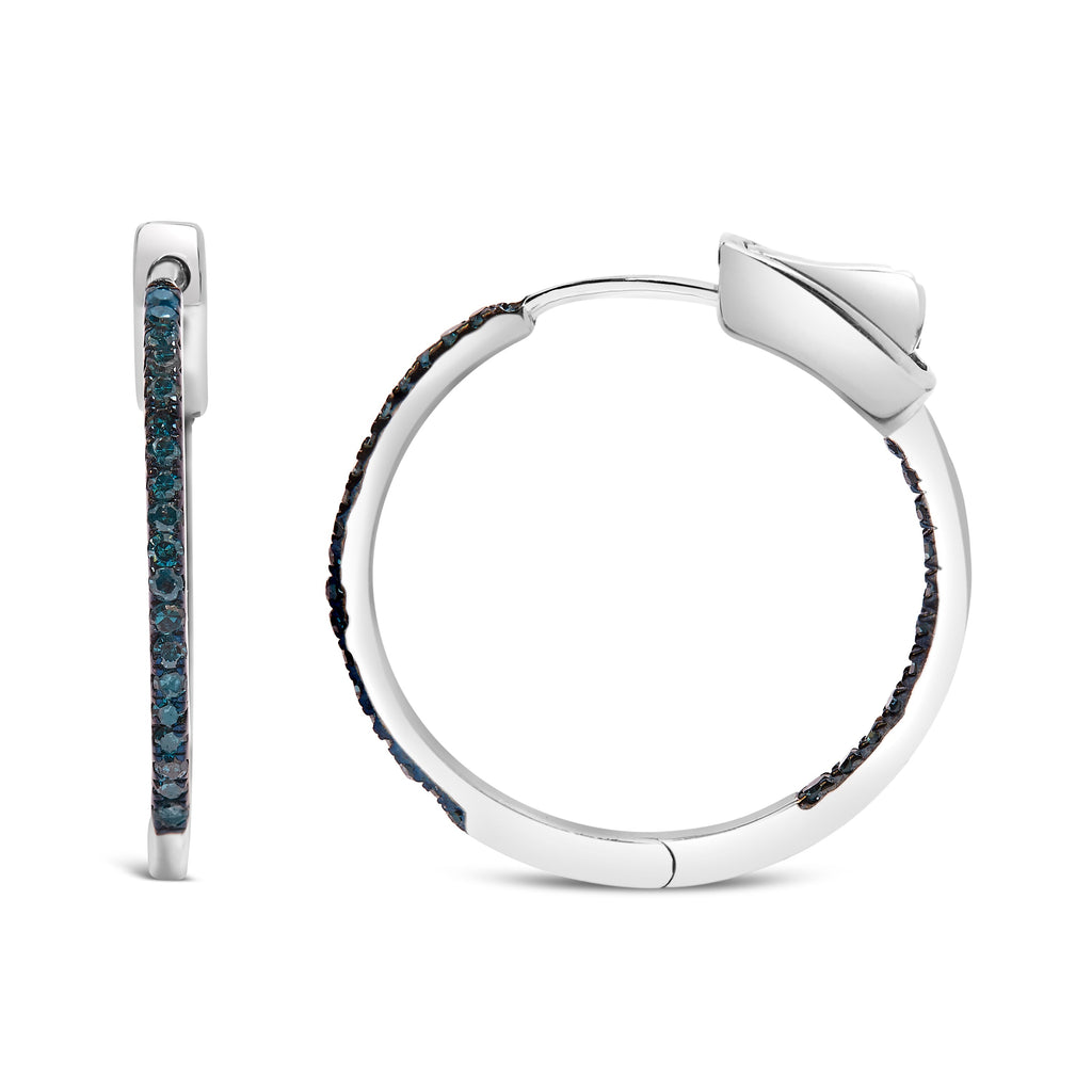 .925 Sterling Silver 1/3 Carat Total Weight Inside Out Blue Treated Diamond 1MM Wide Hoop Earrings (Blue Color, I2-I3 Clarity)