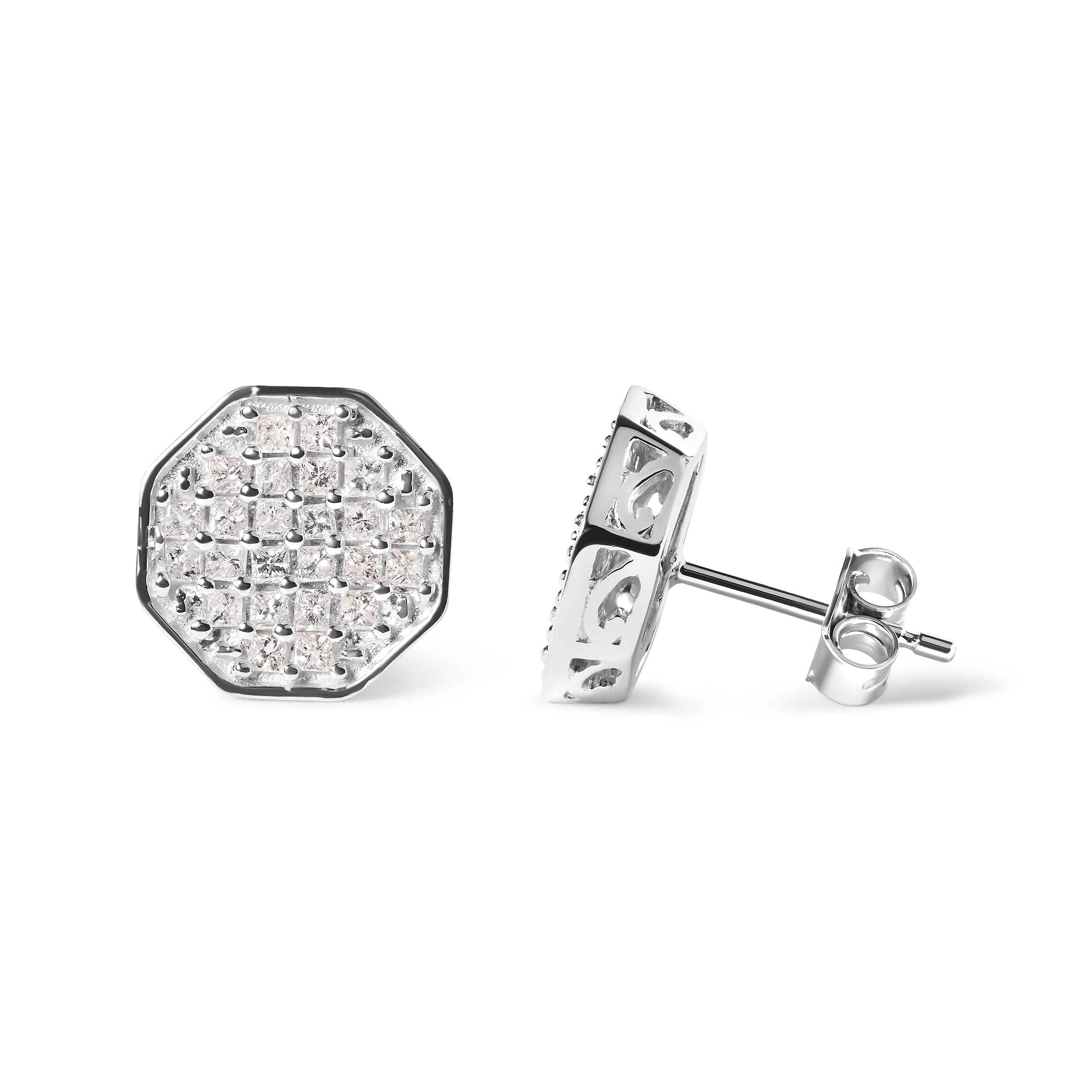 10K White Gold 7/8 Cttw Princess Diamond Composite Octagon Shaped Stud Earrings (I-J Color, I1-I2 Clarity)
