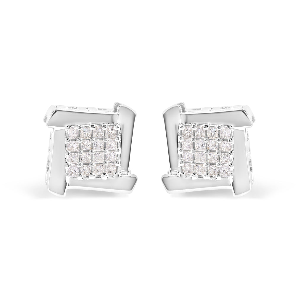 10K White Gold 1/2 Cttw Composite Princess Diamond Square and Swirl Stud Earrings (I-J Color, I1-I2 Clarity)