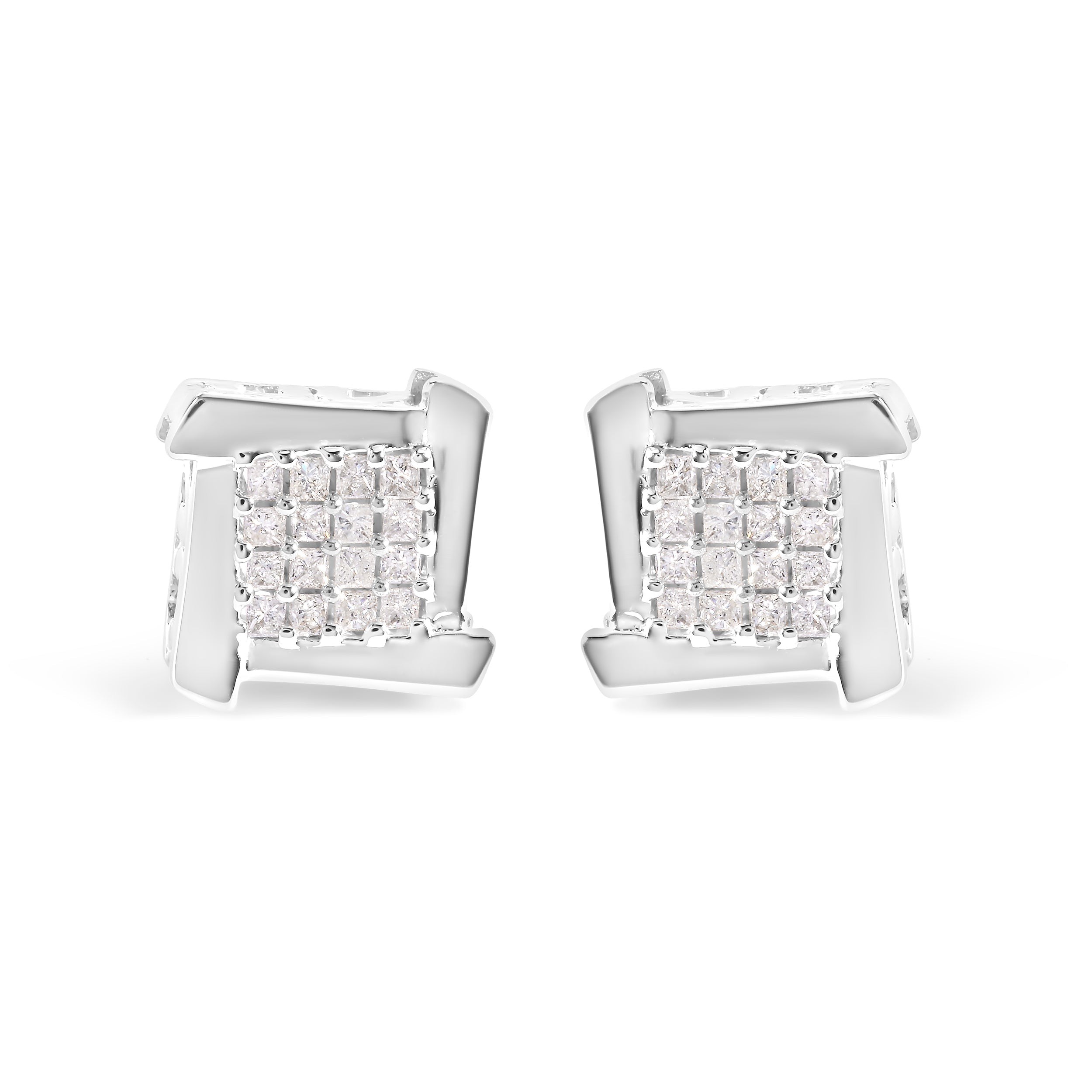 10K White Gold 1/2 Cttw Composite Princess Diamond Square and Swirl Stud Earrings (I-J Color, I1-I2 Clarity)