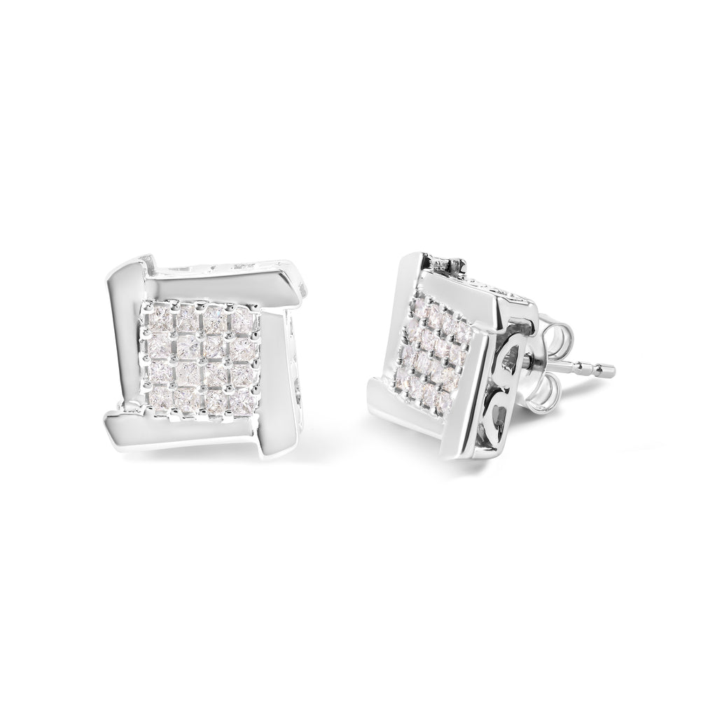 10K White Gold 1/2 Cttw Composite Princess Diamond Square and Swirl Stud Earrings (I-J Color, I1-I2 Clarity)