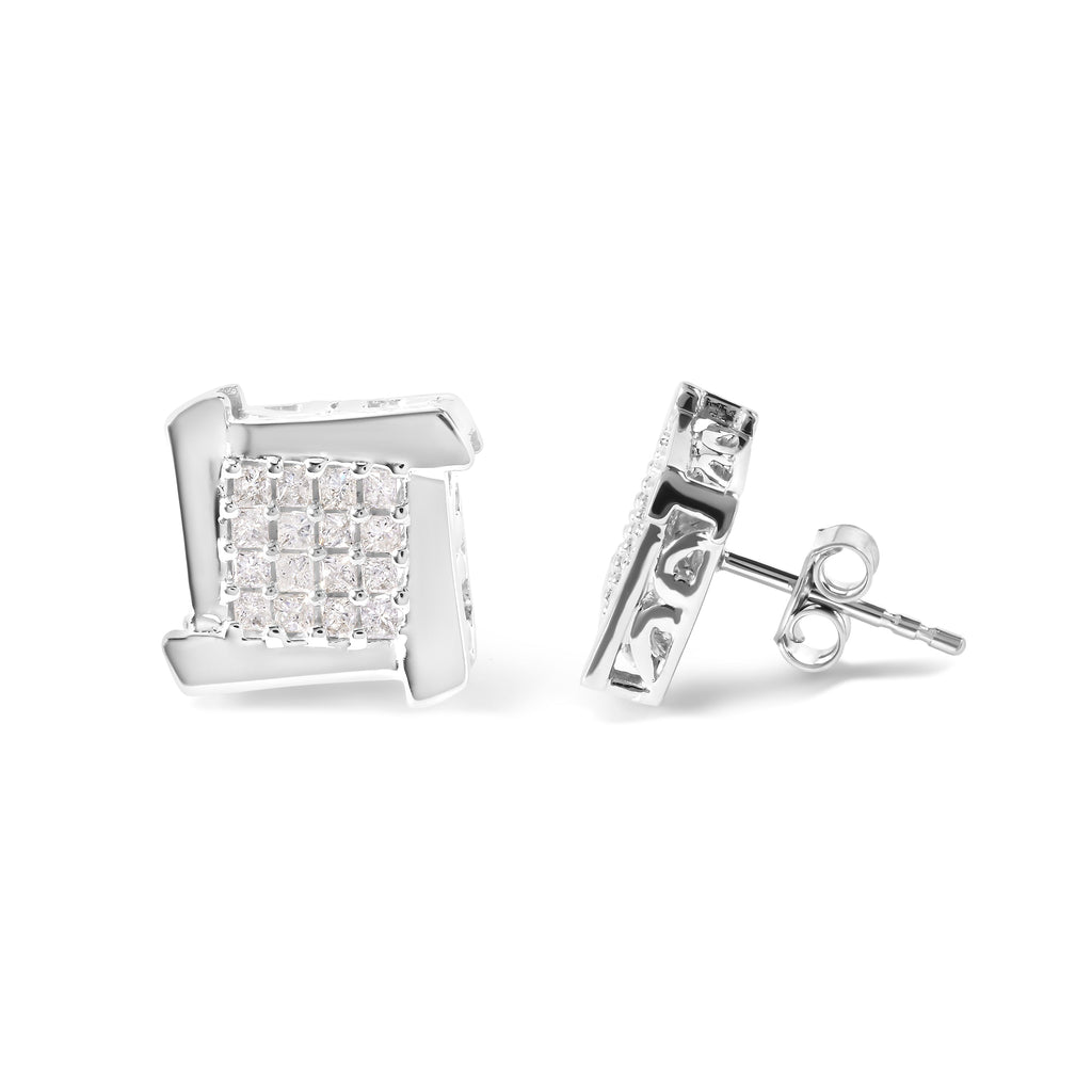 10K White Gold 1/2 Cttw Composite Princess Diamond Square and Swirl Stud Earrings (I-J Color, I1-I2 Clarity)
