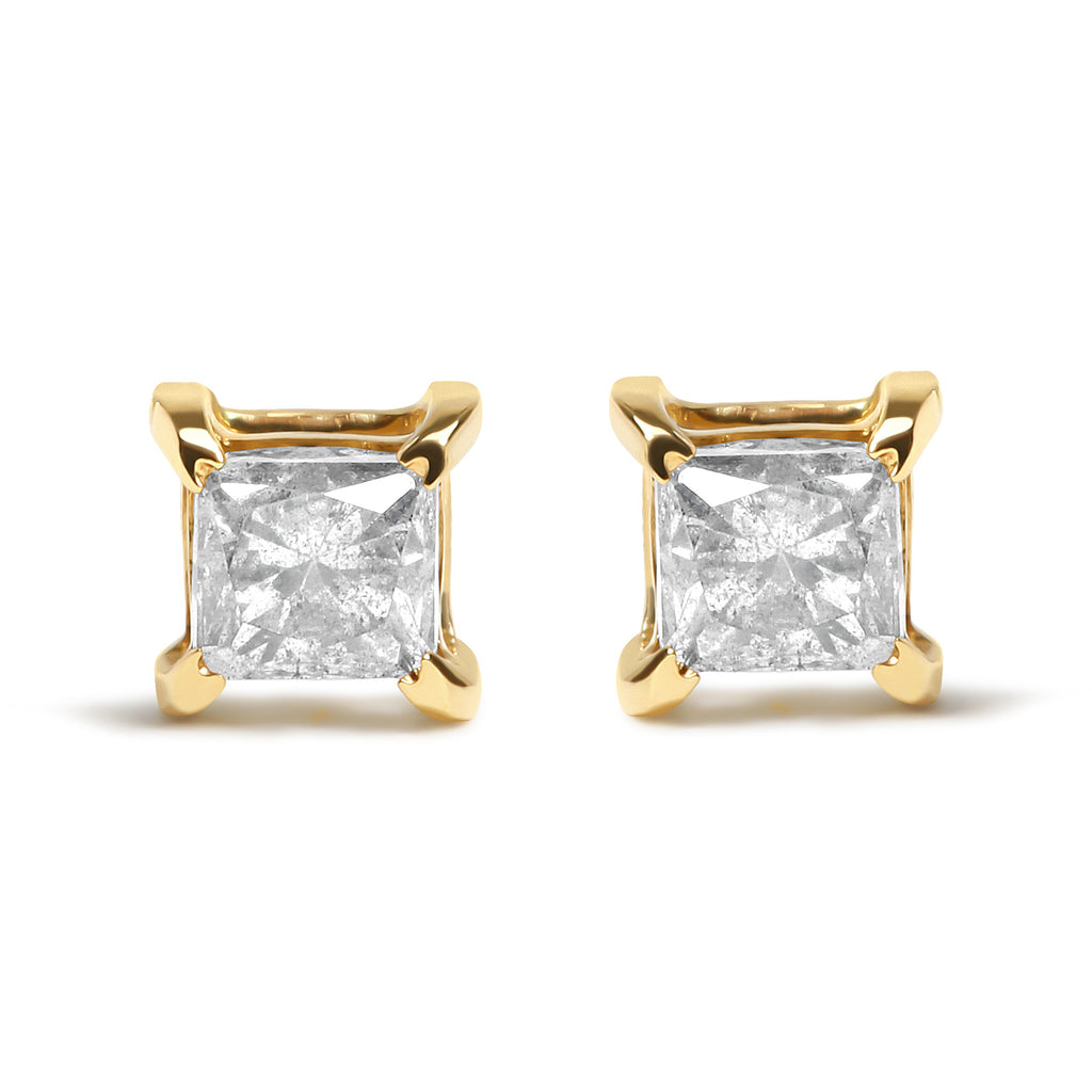 10K Yellow Plated .925 Sterling Silver 5/8 Carat Total Weight Princess Cut Diamond Push-Back 4-Prong Classic Stud (J-K Color, I2-I3 Clarity)