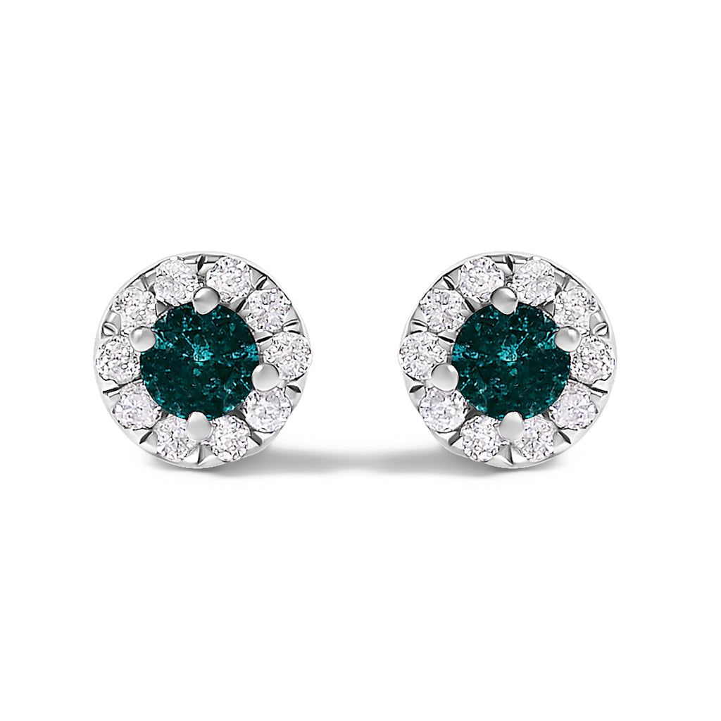 .925 Sterling Silver 1/3 Cttw White and Blue Diamond Halo Stud Earring