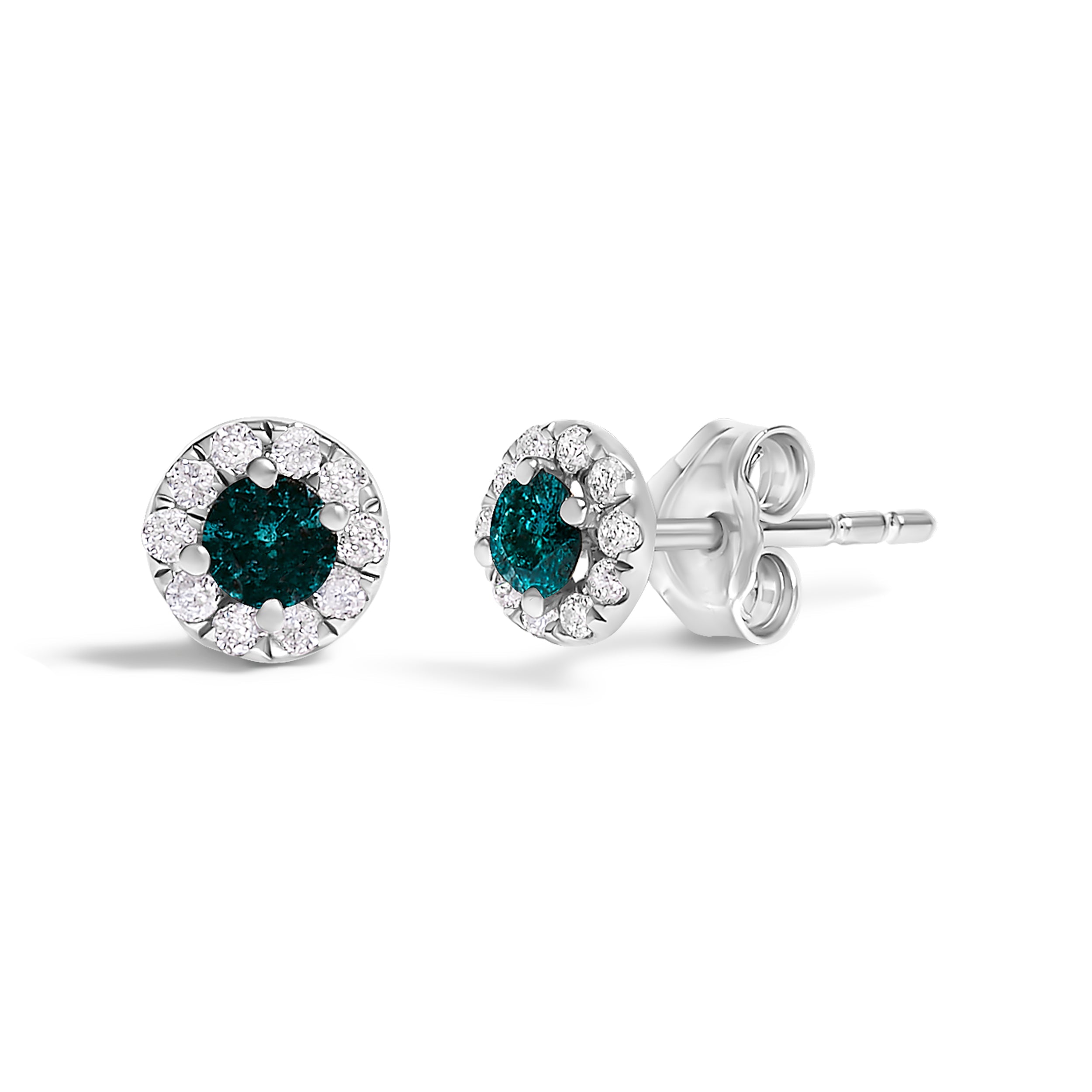 .925 Sterling Silver 1/3 Cttw White and Blue Diamond Halo Stud Earring