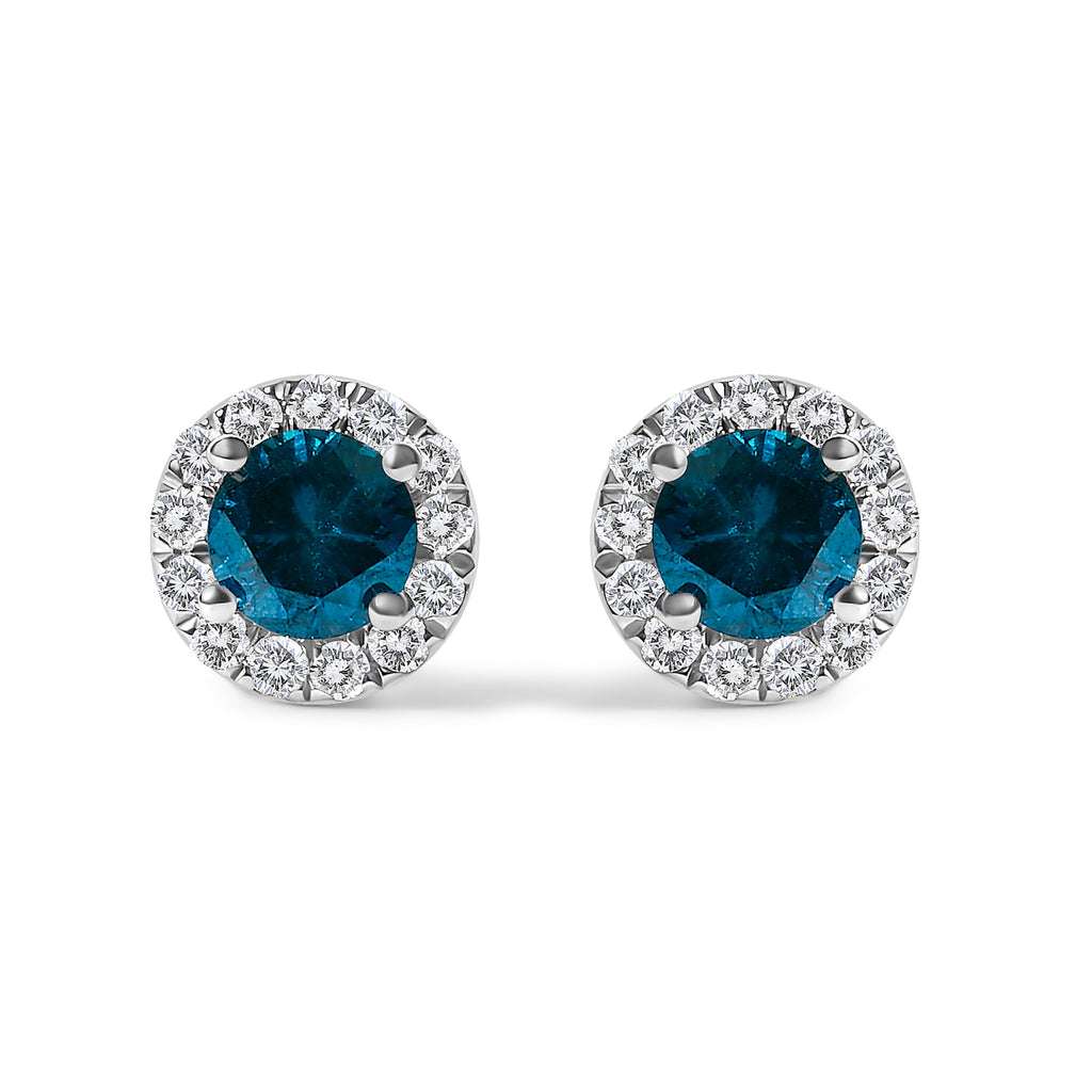 .925 Sterling Silver 1.00 Cttw Blue Diamond Halo Stud Earring