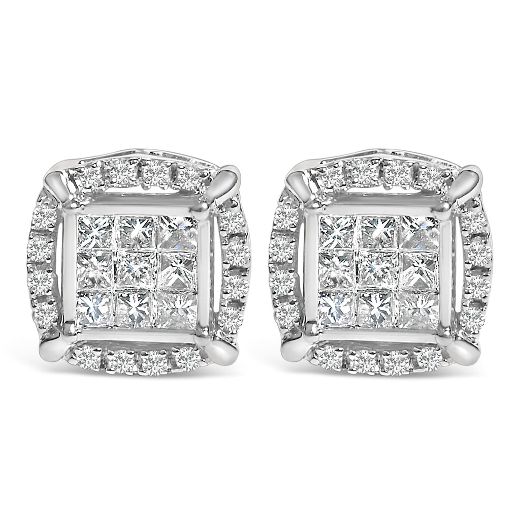 Sterling Silver 1/2 Carat Total Weight Princess Cut Diamond Composite and Halo Stud Earrings