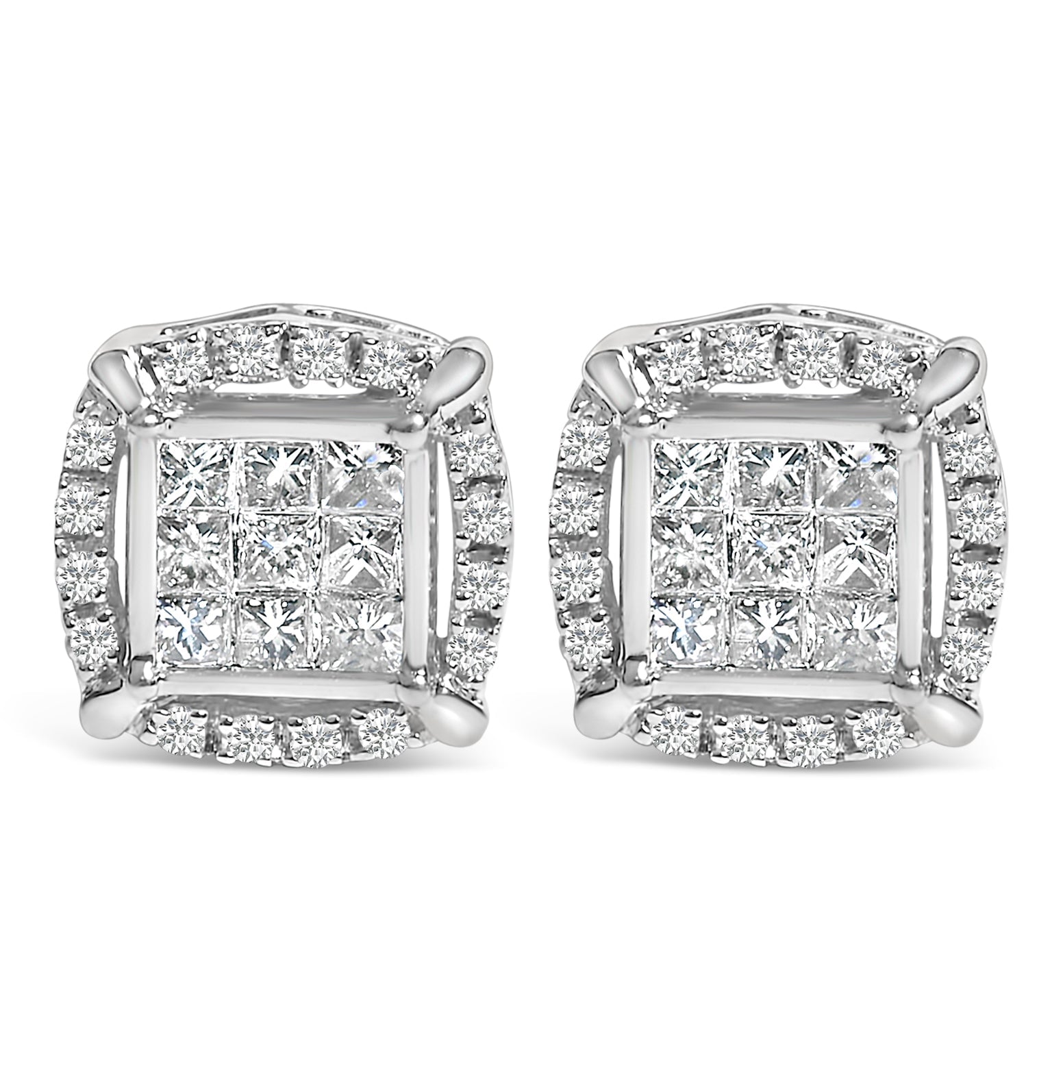 Sterling Silver 1/2 Carat Total Weight Princess Cut Diamond Composite and Halo Stud Earrings