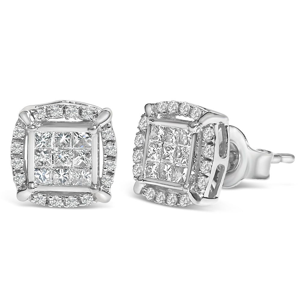 Sterling Silver 1/2 Carat Total Weight Princess Cut Diamond Composite and Halo Stud Earrings