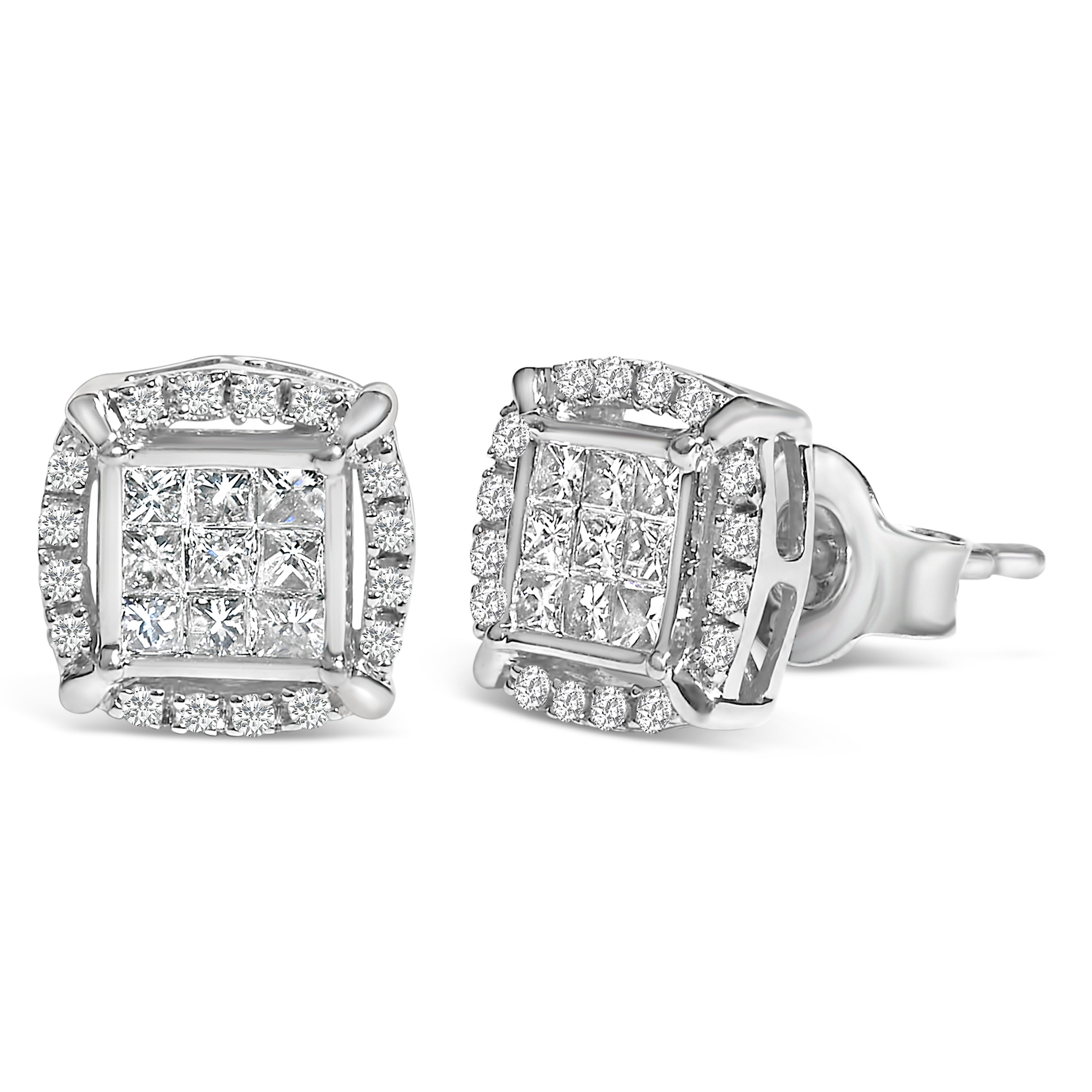 Sterling Silver 1/2 Carat Total Weight Princess Cut Diamond Composite and Halo Stud Earrings