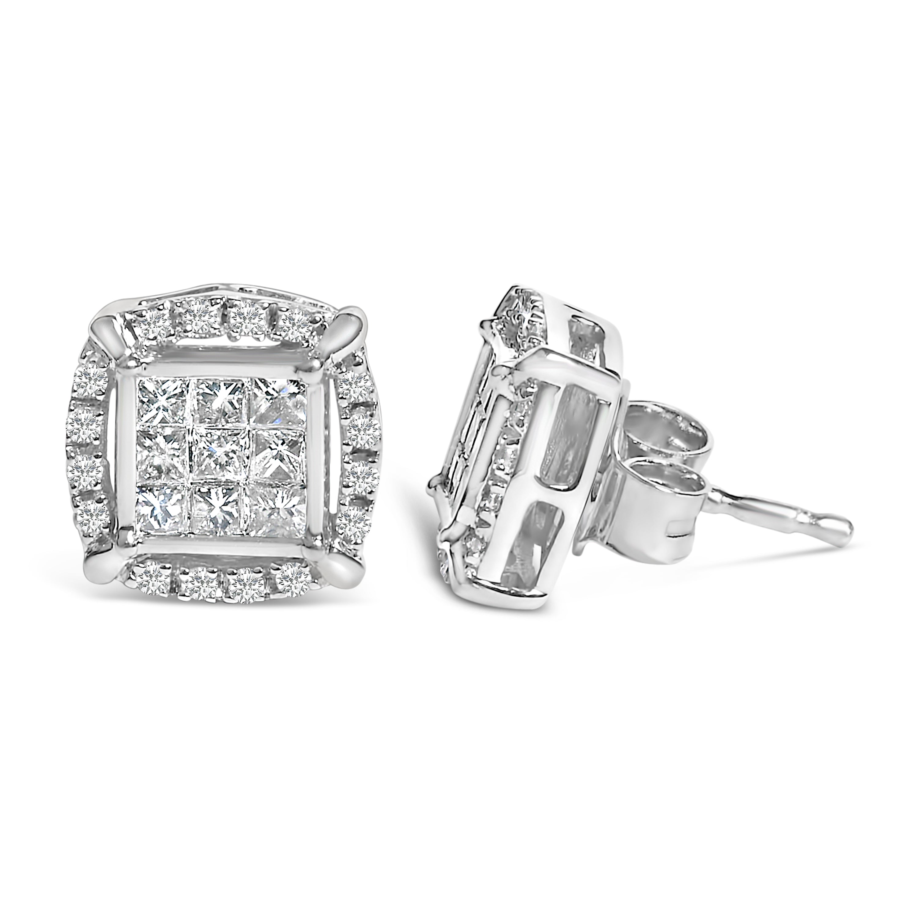Sterling Silver 1/2 Carat Total Weight Princess Cut Diamond Composite and Halo Stud Earrings