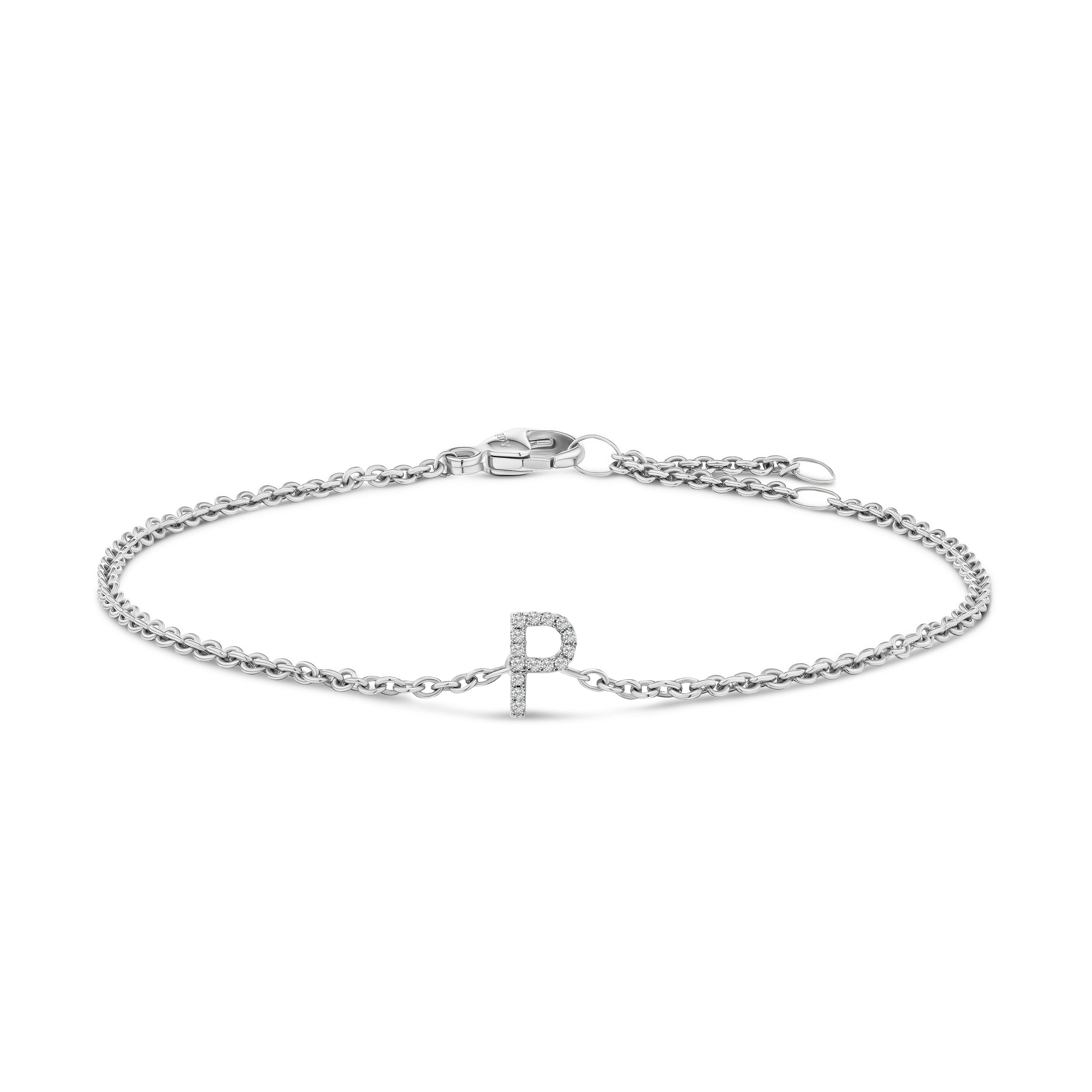 10K White Gold Diamond Accent "A" Initial Charm and Link Bracelet