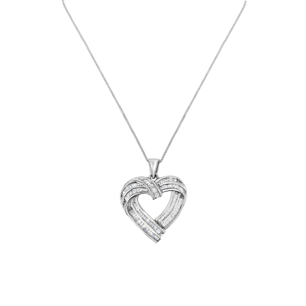 Sterling Silver 7/8 ct. t.w. Baguette Diamond Heart Pendant Necklace (I-J, I2-I3)