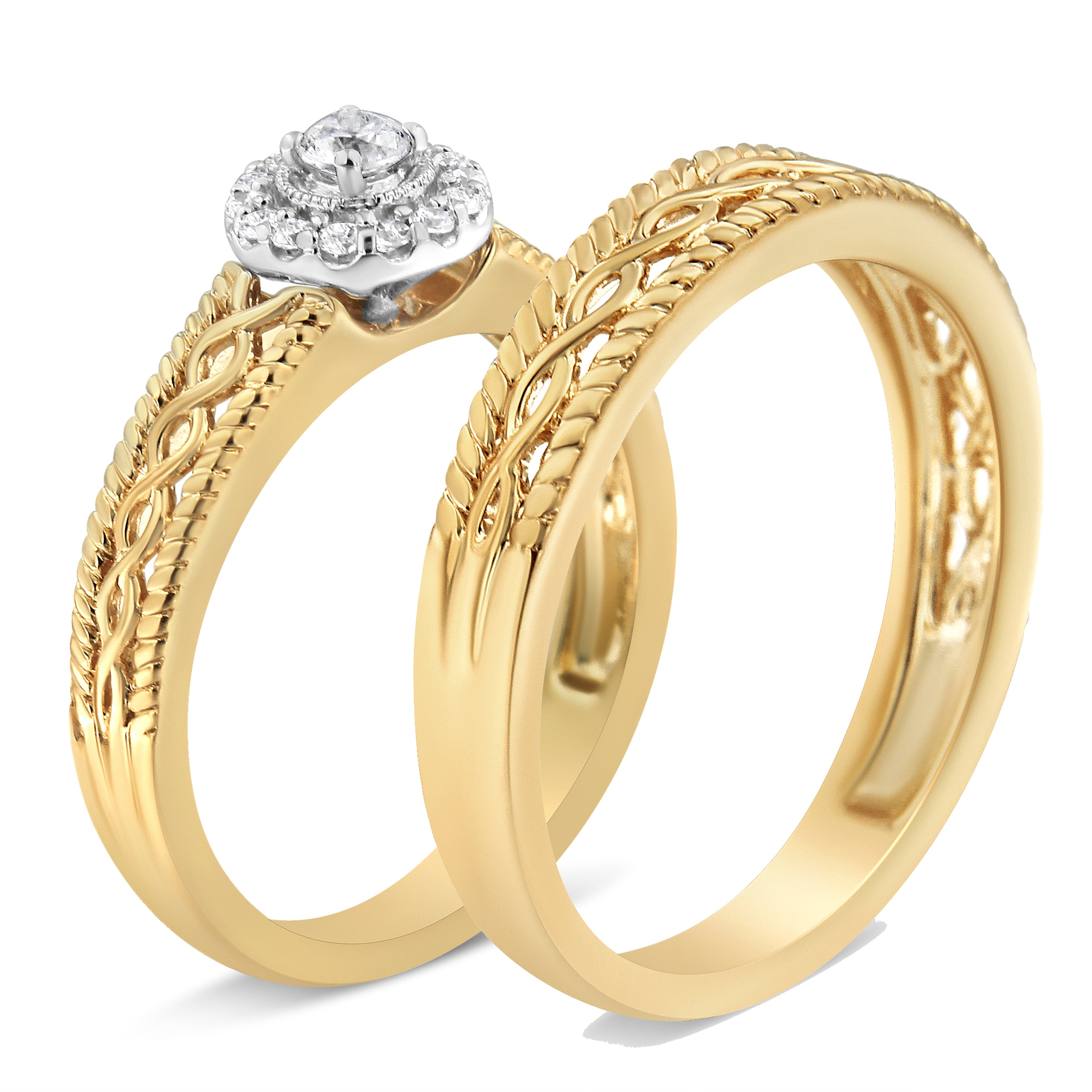 14K Yellow Gold Plated .925 Sterling Silver 1/5 Cttw Diamond Halo Engagement Ring and Wedding Band Set (I-J Color, I3 Clarity) - Size 7