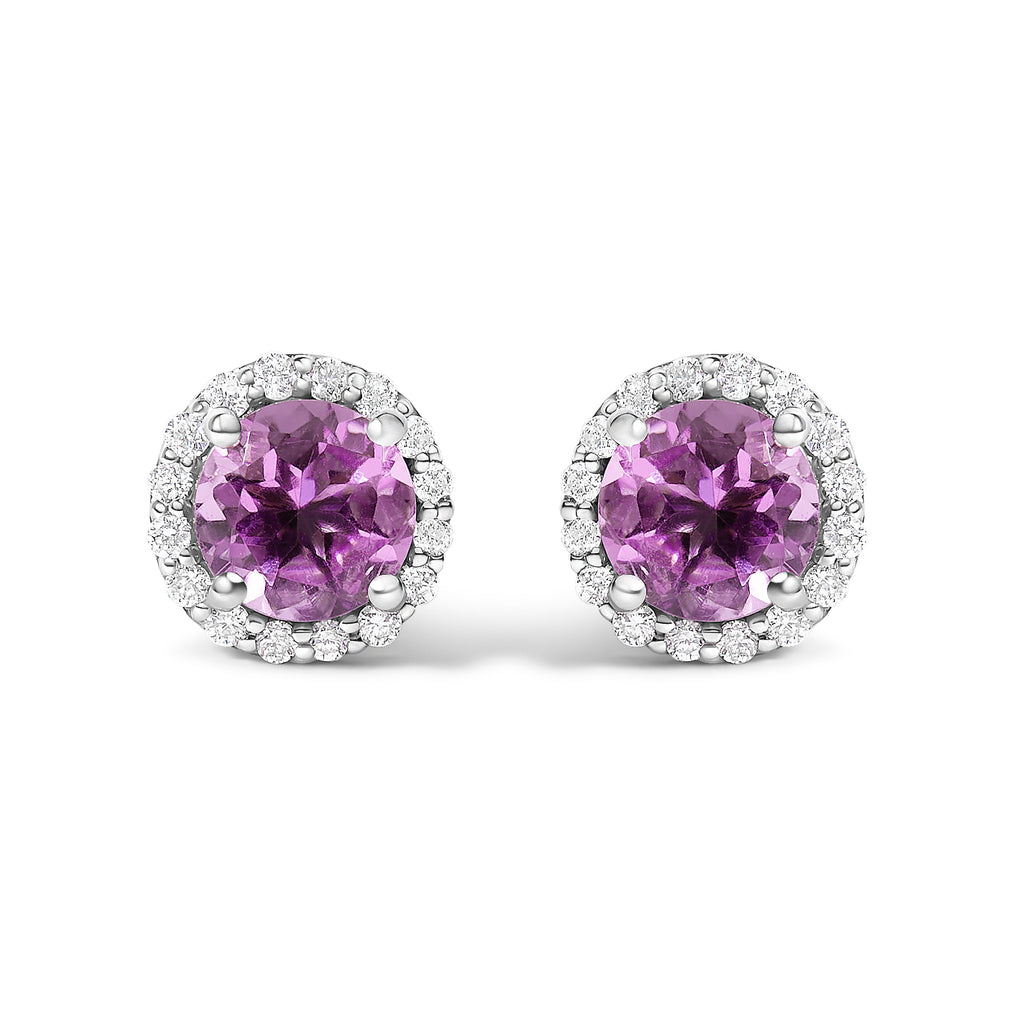 10K White Gold Purple Amethyst and 1/6 Carat Total Weight Diamond Halo Stud Earring