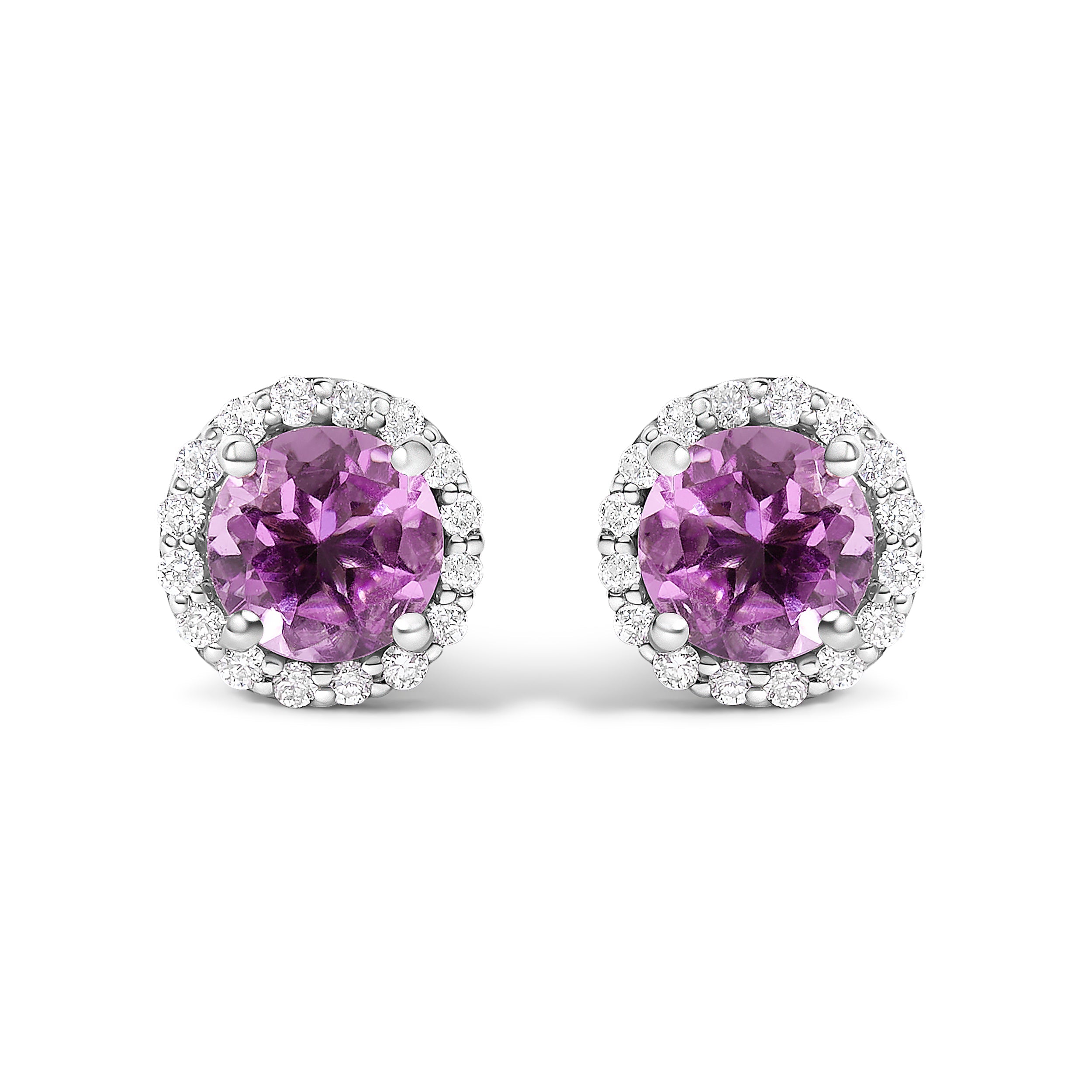 10K White Gold Purple Amethyst and 1/6 Carat Total Weight Diamond Halo Stud Earring
