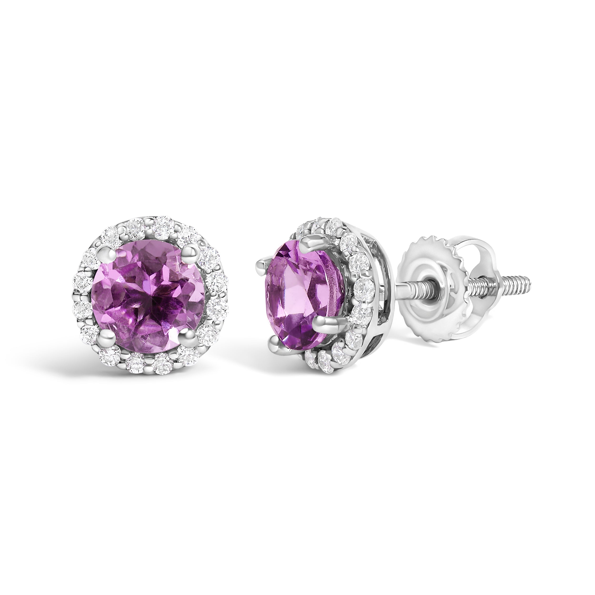 10K White Gold Purple Amethyst and 1/6 Carat Total Weight Diamond Halo Stud Earring