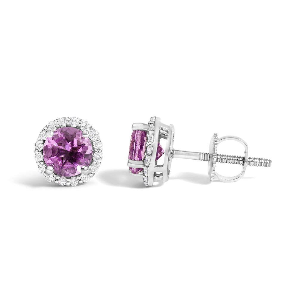 10K White Gold Purple Amethyst and 1/6 Carat Total Weight Diamond Halo Stud Earring